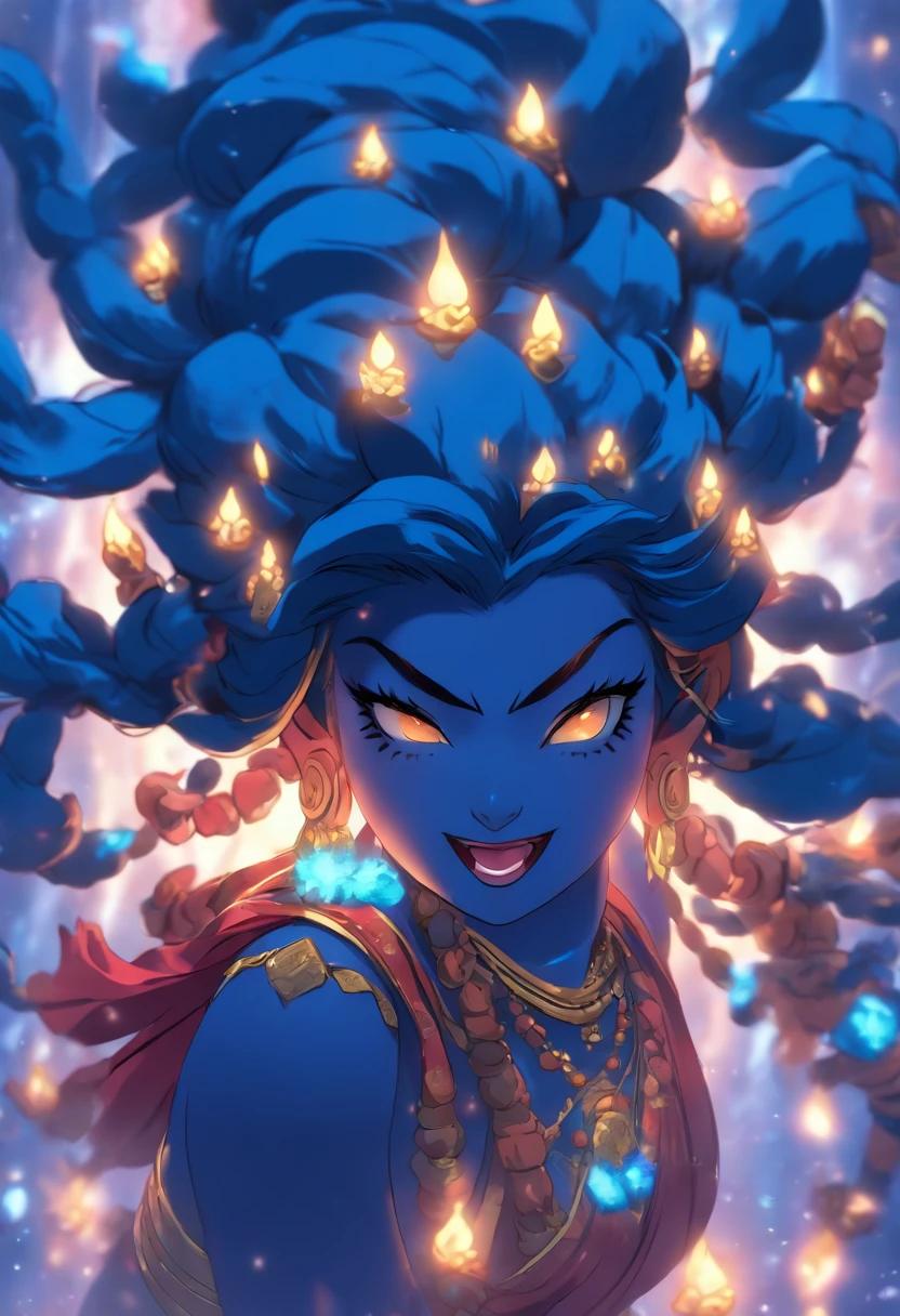 (((Hindu Goddess))) best quality, ultra-high resolution, 4K detailed CG, master piece, Kali, Hanging Tongue, blue, scary look, blood, Hindu mythology, Hindu, aesthetic, beautiful, screen-centered image