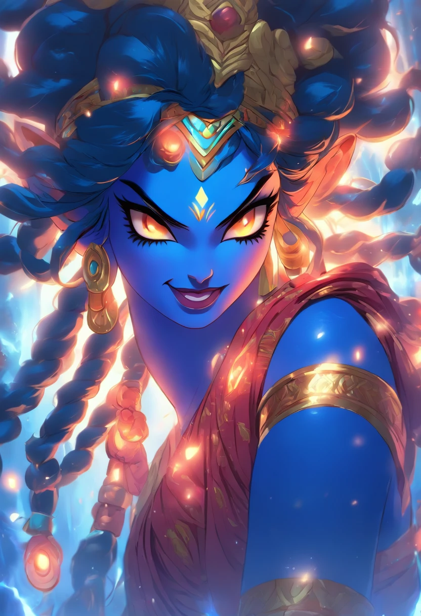 kpop face. Blue lips, blue-purple blush. Keep the original outline. Intricate gold nipple rings, gold collars, gold nipple rings, gold nipple stickers. Keep the original outline. Golden eyes looking at the camera, mouth wide open mockingly sticking out long red wet tongue with pointed teeth. The white transparent clothes are connected to the nipple rings, and the white transparent gauze clothes soaked in water. Blue skin, contour repair, facial features correction, facial contour correction, facial contour repair. Lubricious skin covered with gold and turquoise, moist skin, oily skin, shiny skin, smooth skin, (moist skin: 1.8). (nsfw: 1.8), (RAW photo:1.2),(photorealistic:1.4),(masterpiece:1.3),(best quality:1.4), (ultra high res, HDR,8k resolution), (high resolution textures).( dramatic lighting, high contrast). beautiful goddess. She only wears intricate red jewelry and barely covers her large, pointed breasts. ((sweat, highly detailed skin indentations)), (((tears, dripping blood))), (((mocking eyes))), (((perfectly symmetrical face))). ((((Black open flowing hair. Intricate light colored headpiece)))), ((((Detailed camel toe)))). ((((Intricate red jewelry with gold accents)))). small buttocks. Thin thighs. Busty boobs, perfect slim body, perfect long legs, perfect round buttocks, delicate hands, perfect fingers, abs