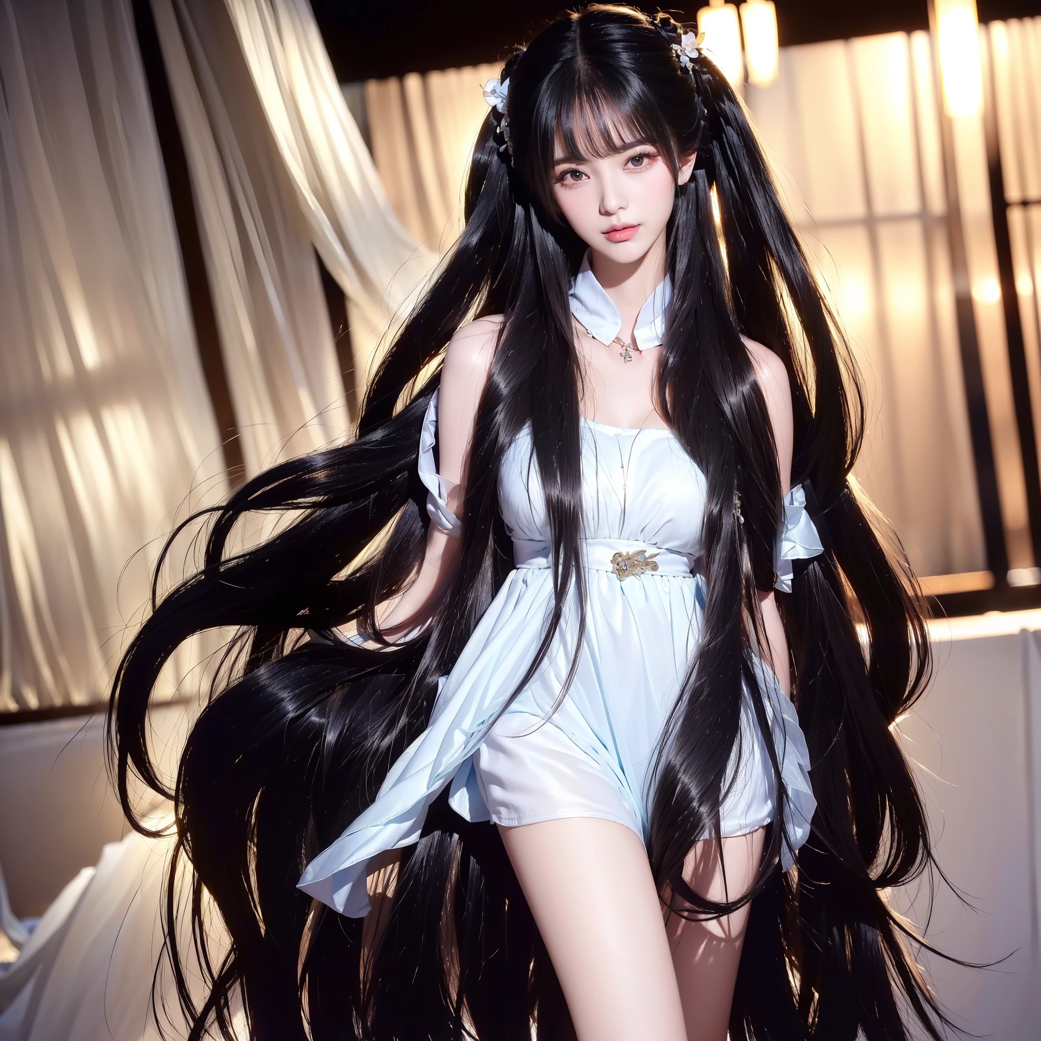 ((Top image quality、top-quality、Top resolution、hyper realistic photography、16ｋ、Full body photo、1 girl、Very beautiful face、Super Super Long Hair、hair length about 3 meters,,,,,、Straight black hair、Black hair longer than height、Black hair that has not been cut for more than 20 years、Slender body、White underwear or naked、The location is seaside、Winner of the World Long Hair Contest、Full body real photo、Head-to-toe photo、Photo taken from about 4 meters away、Super Real、Stand up straight、Two hands、2 legs、5 fingers、))She has super long hair that covers her entire body、The longest black hair in the world、Spreading long hair and lying on the seaside,、Long hair that spreads out shines in the sea color、Hair is heavy and tired、Hair longer than Rapunzel、very large amount of hair、She hides her whole body with very long black hair、Hair that is shampooed every day is very clean、Hair smells of roses、Female sex appeal lies in very long black hair.、The attractiveness of women lies in very long black hair、Long black hair is a symbol of beauty、My pride is very long black hair、Bright lighting、profetional lighting、My very long black hair soared into the sky、