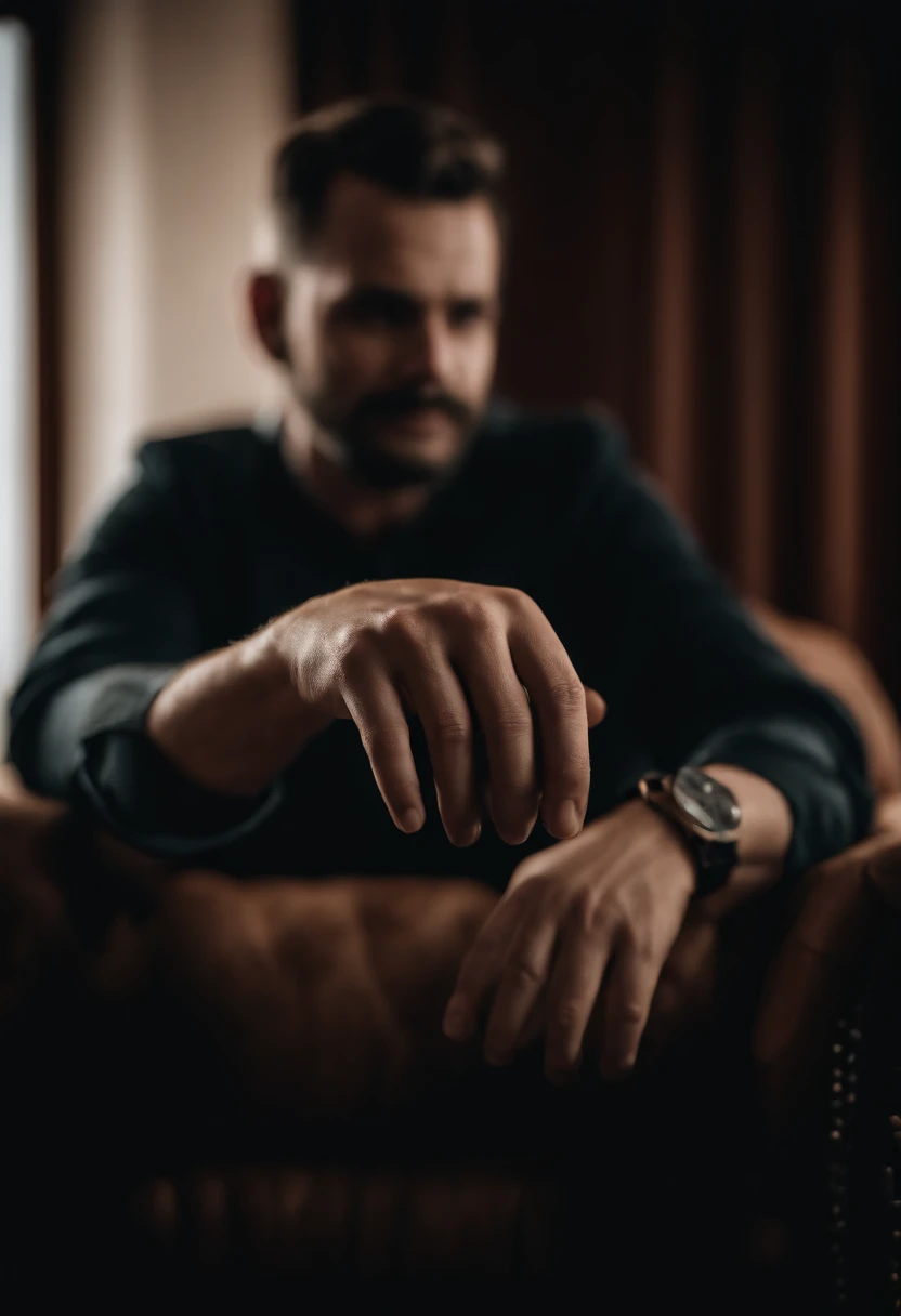 crie uma imagem de um Homem de terno sentado em uma poltrona,Your hands are making a gesture of power , realista