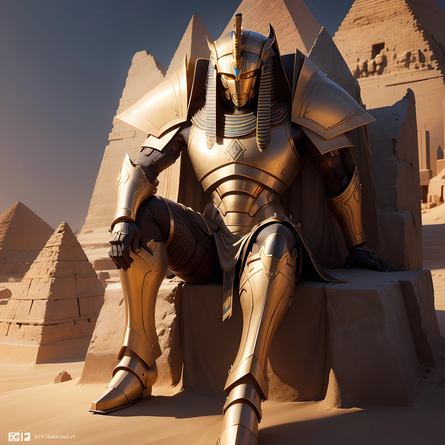 Egypt Sphinx Robot Warrior in Realistic 4K Full Body Armor,Pyramids,Super Detailed, Vray Display, Unrealistic engine, Midjourney Art Style.
