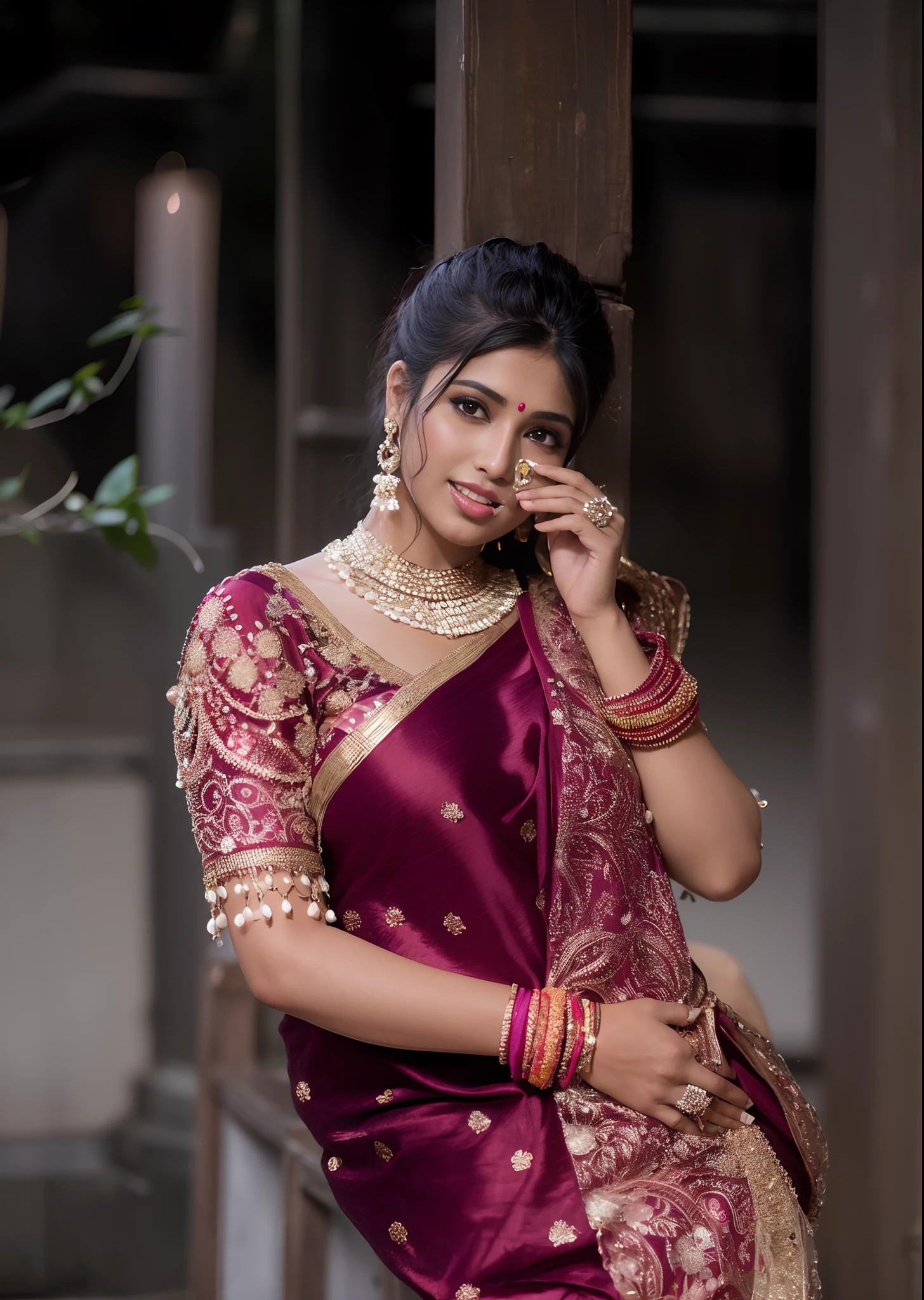 A woman in a sari poses for a photo, indian goddess, Traditional beauty, Indian, Beautiful goddess, Gorgeous Role Play, indian style, indian super model, beautiful age girl, Gorgeous woman, south east asian with long, provocative indian, gorgeous beautiful woman, intricate outfits, hindu aesthetic, Beautiful Asian girl, extremely detailed goddess shot, Jaw-dropping beauty, Look at the camera with your face,(Wrap the chest),(The entire chest does not leak),