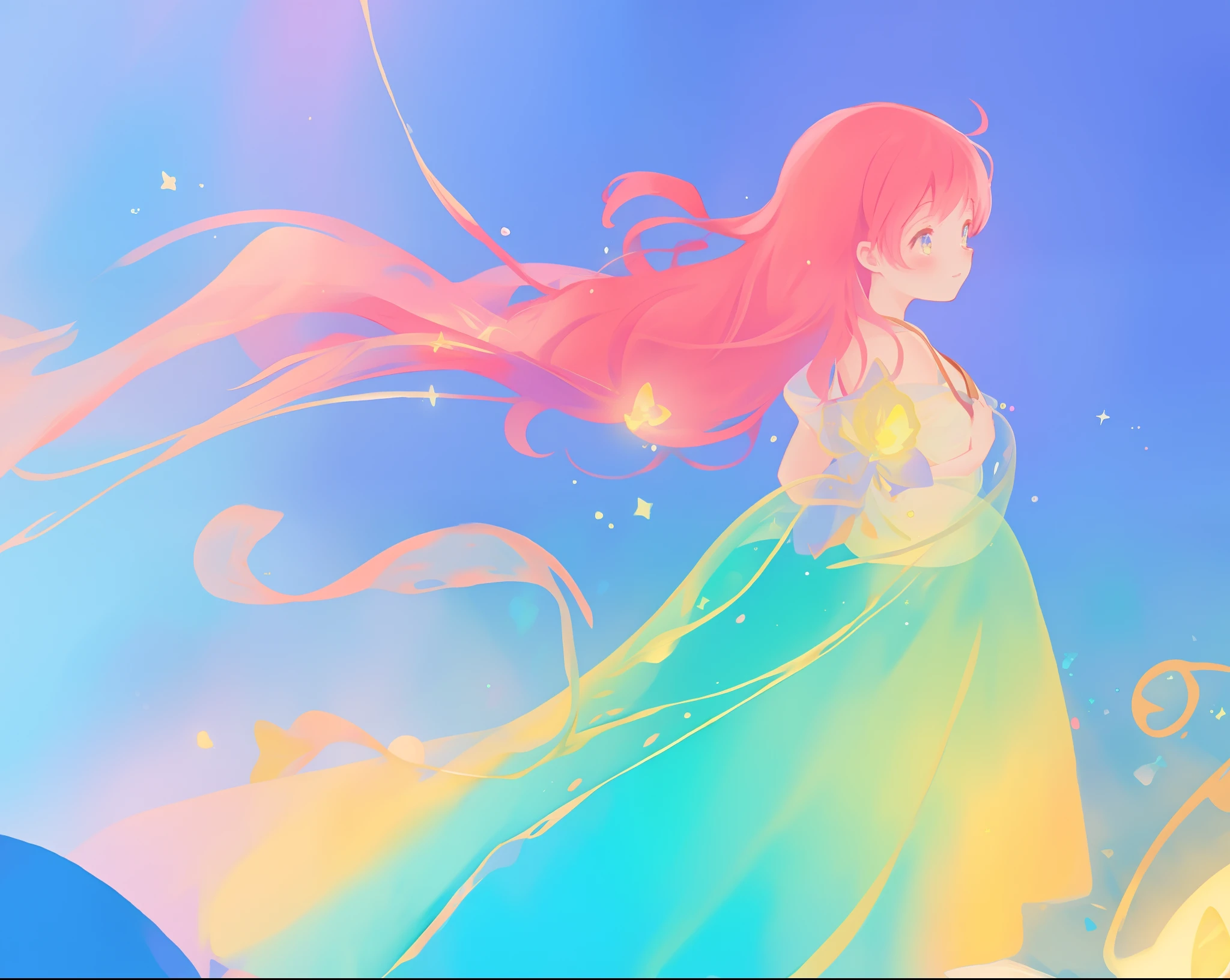 beautiful anime girl in colorful ballgown, vibrant pastel colors, (colorful), magical lights, sparkling liquid light, inspired by Glen Keane, inspired by Lois van Baarle, disney art style, by Lois van Baarle, glowing aura around her, by Glen Keane, jen bartel, glowing lights! digital painting, flowing glowing hair, glowing flowing hair, beautiful digital illustration, fantasia background, whimsical, magical, fantasy, beautiful face, ((masterpiece, best quality)), intricate details, highly detailed, sharp focus, 8k resolution, sparkling detailed eyes, liquid watercolor