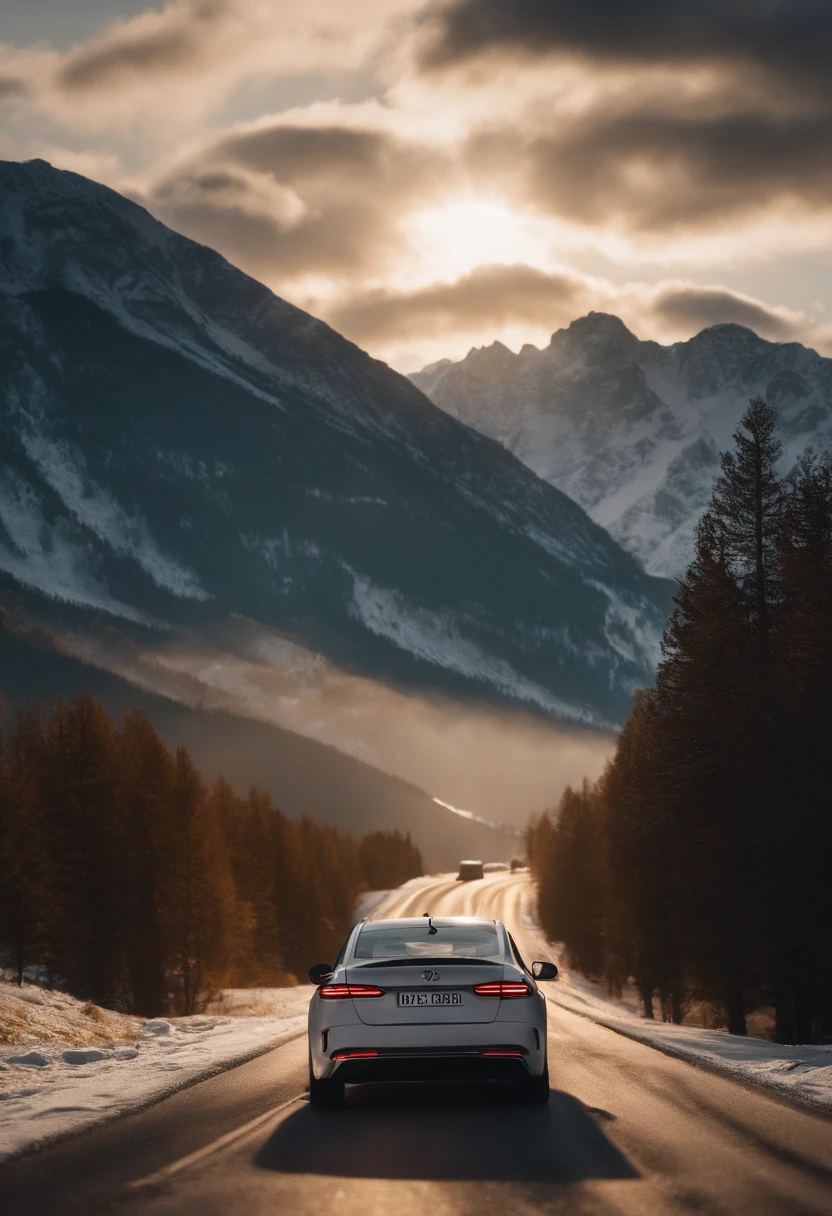A car driving on the road, the sunset and the snowy mountains in the distance, lighting up the car and the road, snow, intricate details, realistic, ultra-realistic, masterpieces, best quality, official art, backlit, white clouds, backlit, extremely detailed CG unified 8k wallpaper, and forest.