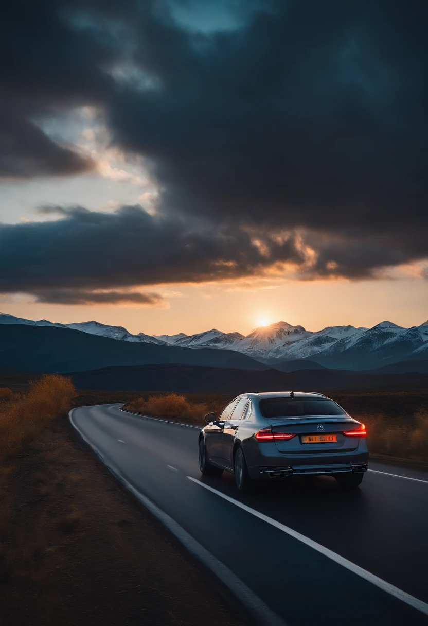 A car driving on the road, the sunset and the snowy mountains in the distance, lighting up the car and the road, snow, intricate details, realistic, ultra-realistic, masterpieces, best quality, official art, backlit, white clouds, backlit, extremely detailed CG unified 8k wallpaper, and forest.