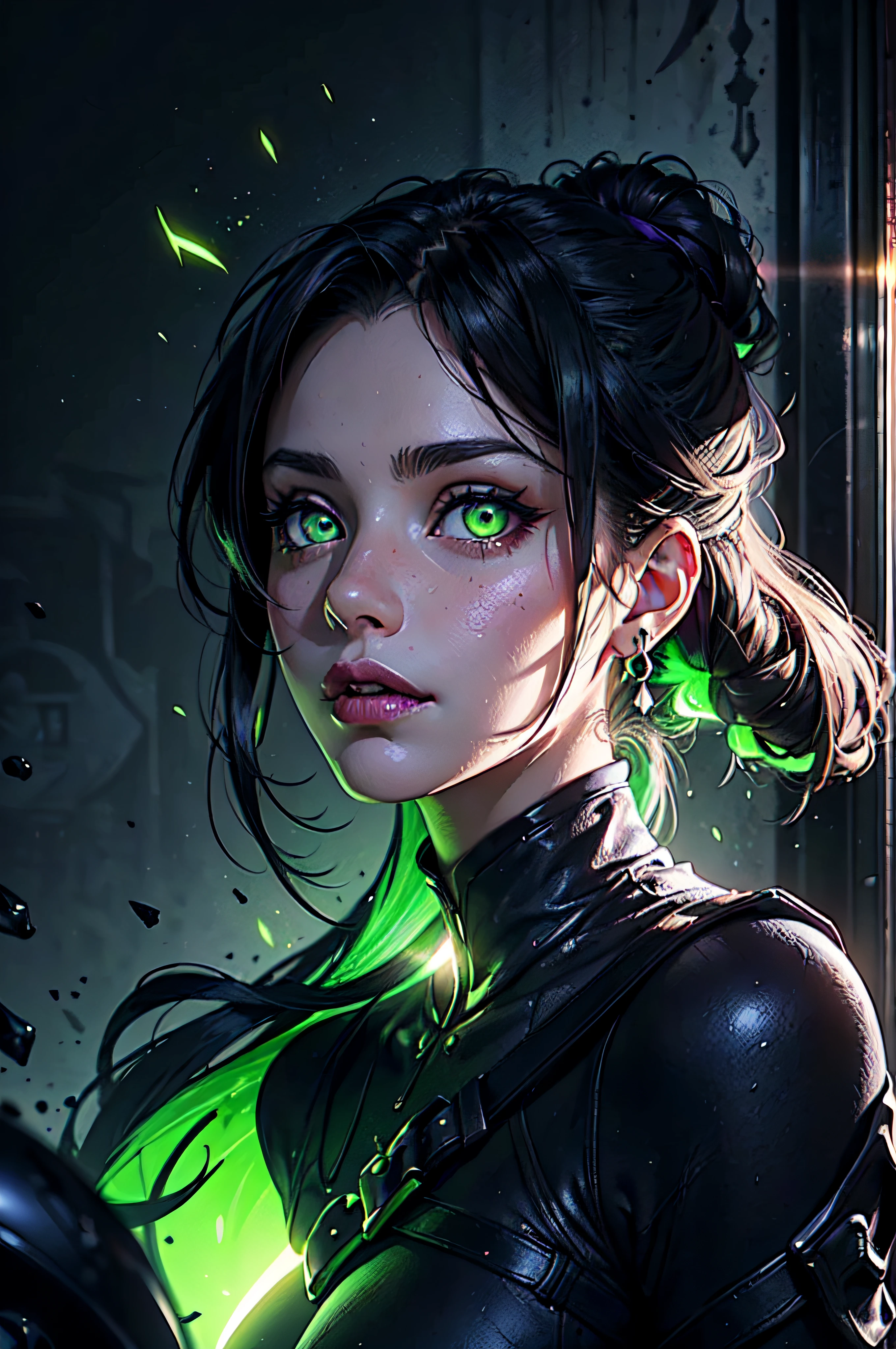 ((Close-up portrait of a girl with green eyes)), with glowing purple eye light, Violet luminous rays, dark fantasy portrait, Portrait in profile, (Cheeky face). Dark Fantasy, realistic 4k digital art, realistic 4k digital art, dark fantasy portrait, Dark Fantasy Digital Art, (Dark), But detailed digital art, sexy girl with green eyes, ((Gloomy color scheme:1,5)), 4k detailed digital art, Green glowing eyes, (NSFW), (A very dark room, little light, Low visibility)). (Strong shadow:1,6). twilight.