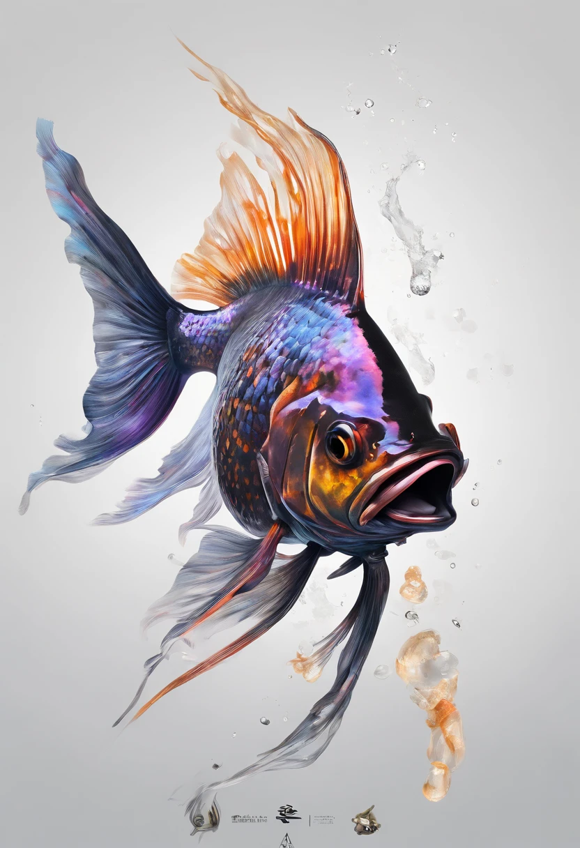 Perfect centralization, Fantastic black goldfish, alegria, Standing position, beleza abstrata, Centrado, looking at the camera, Facing the camera, Approaching perfection, Dynamic, altamente detalhado, liso, foco nítido, 8k, alta resolução, illustration, arte de Carne Griffiths e Wadim Kashin, Personagem Goldfish
