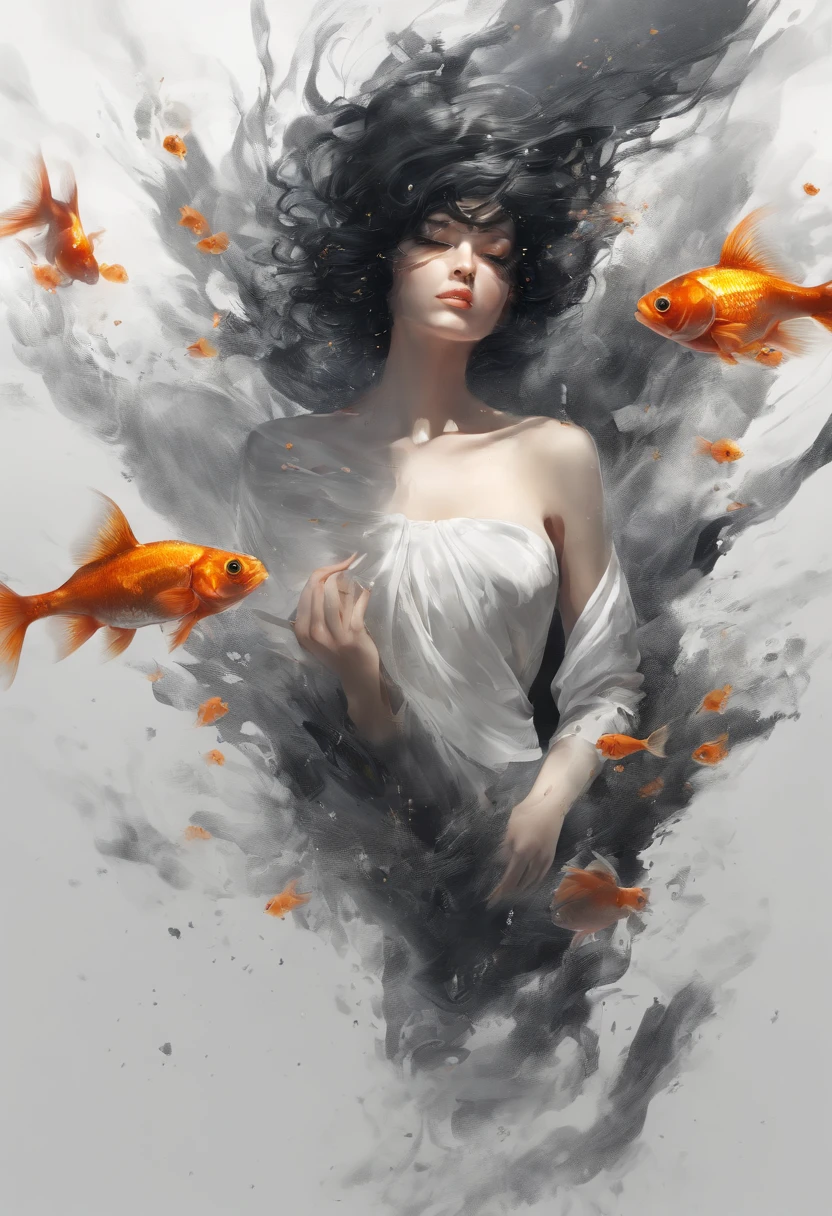Perfect centralization, Fantastic black goldfish, alegria, Standing position, beleza abstrata, Centrado, looking at the camera, Facing the camera, Approaching perfection, Dynamic, altamente detalhado, liso, foco nítido, 8k, alta resolução, illustration, arte de Carne Griffiths e Wadim Kashin, Personagem Goldfish