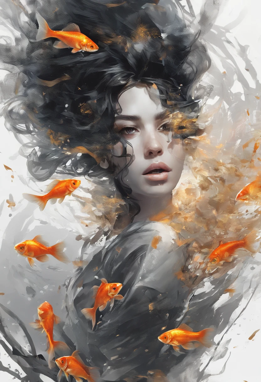 Perfect centralization, Fantastic black goldfish, alegria, Standing position, beleza abstrata, Centrado, looking at the camera, Facing the camera, Approaching perfection, Dynamic, altamente detalhado, liso, foco nítido, 8k, alta resolução, illustration, arte de Carne Griffiths e Wadim Kashin, Personagem Goldfish