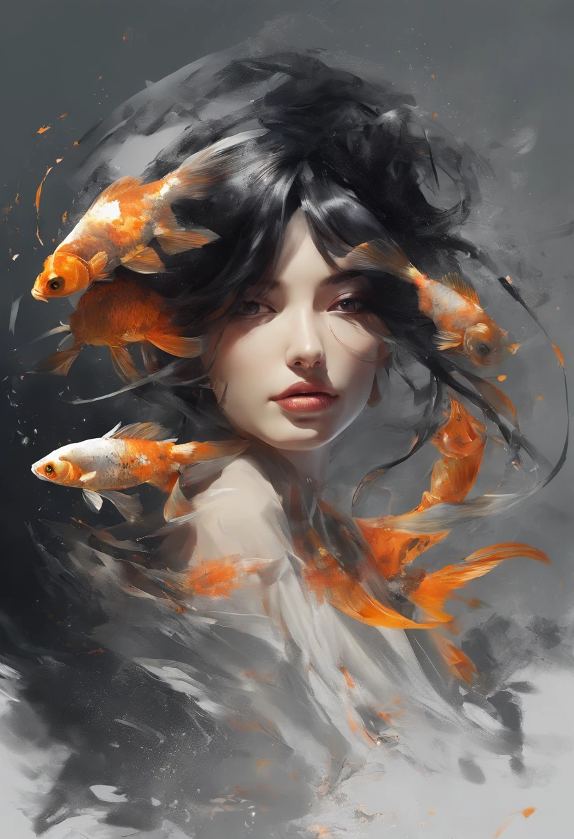 Perfect centralization, Fantastic black goldfish, alegria, Standing position, beleza abstrata, Centrado, looking at the camera, Facing the camera, Approaching perfection, Dynamic, altamente detalhado, liso, foco nítido, 8k, alta resolução, illustration, arte de Carne Griffiths e Wadim Kashin, Personagem Goldfish