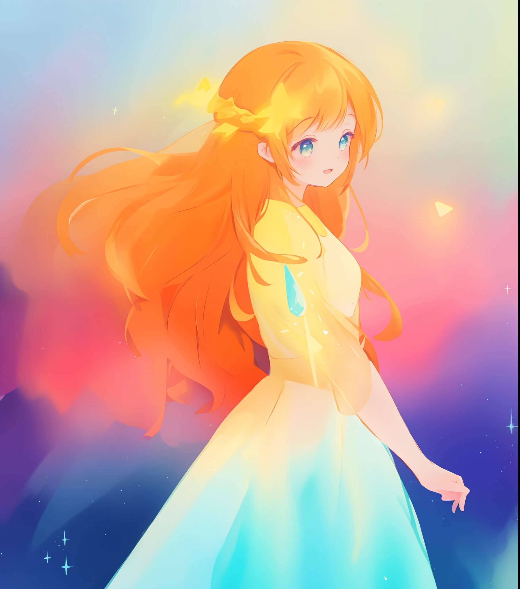 beautiful anime girl in colorful ballgown, vibrant pastel colors, (colorful), magical lights, sparkling liquid light, inspired by Glen Keane, inspired by Lois van Baarle, disney art style, by Lois van Baarle, glowing aura around her, by Glen Keane, jen bartel, glowing lights! digital painting, flowing glowing hair, glowing flowing hair, beautiful digital illustration, fantasia background, whimsical, magical, fantasy, beautiful face, ((masterpiece, best quality)), intricate details, highly detailed, sharp focus, 8k resolution, sparkling detailed eyes, liquid watercolor