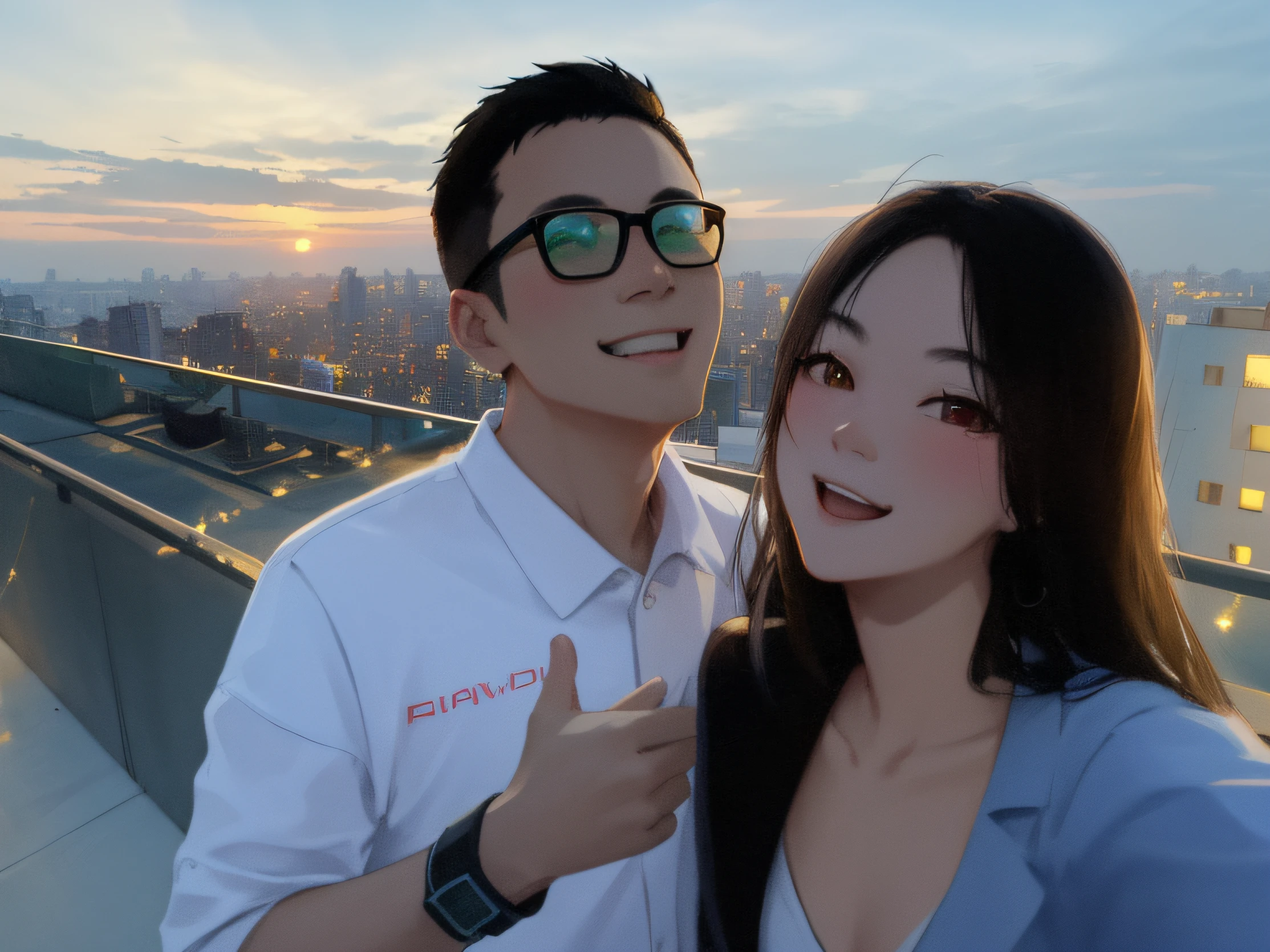 they are on a rooftop with a view of the city, with sunset, 8k selfie photograph, during sunset, happy couple, on rooftop, ruan jia and brom, kda and sam yang, taken on go pro hero8, profile pic, lovely couple, profile picture, taken at golden hour, at future neon light rooftop