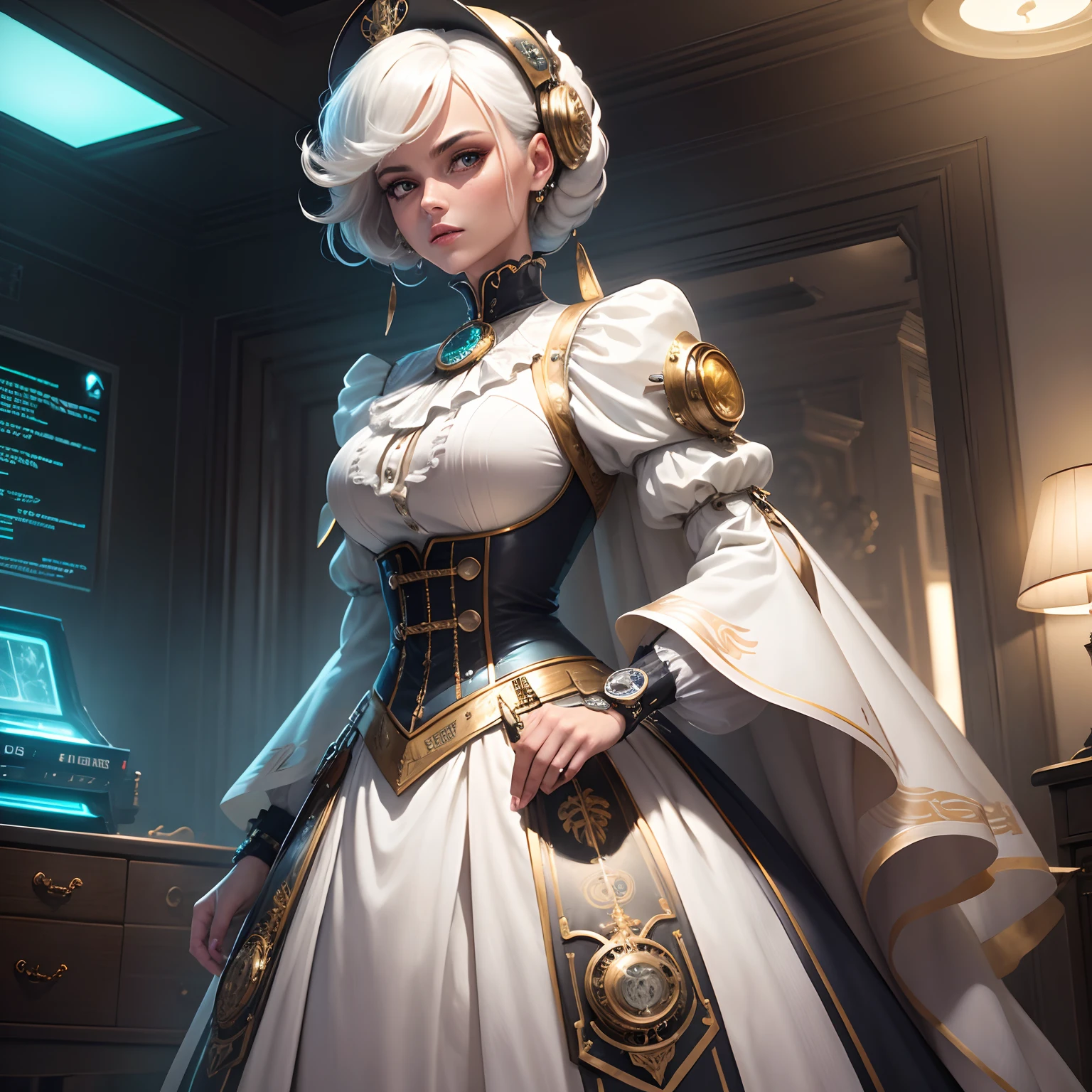 (um nobre vestido de branco e dourado com estilo clockpunk e atompunk), Intricate details of the watch, gadgets steampunk, Elaborate pocket watch, Atomic symbols, Elementos futuristas, babados ornamentados e rendas, white wig powder, Regal Pose, refined facial features, Capa de veludo luxuoso, old machines, engrenagens e engrenagens, Vintage sci-fi aesthetics, metallic colors, ambient lighting.