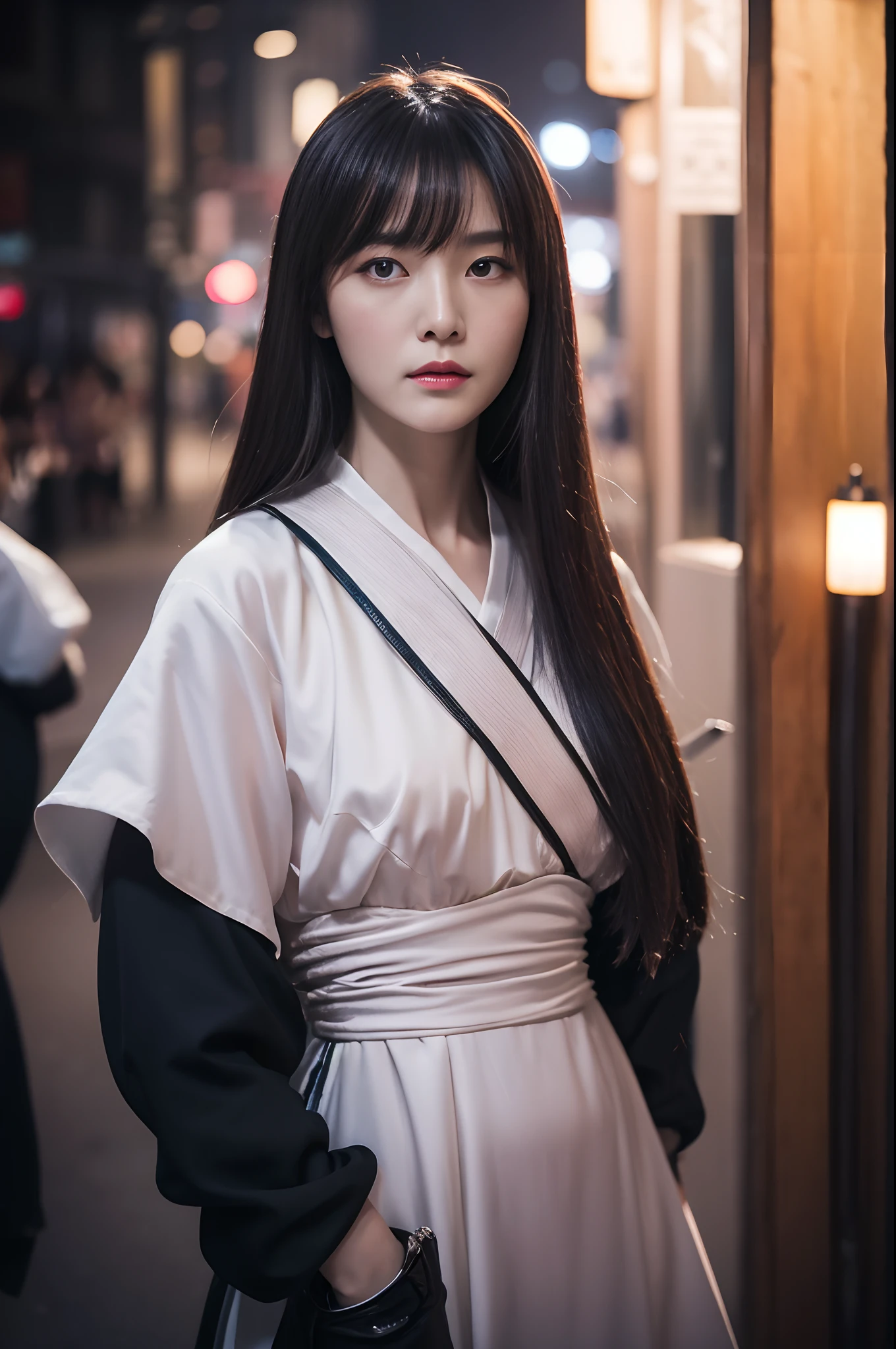 Masterpiece, Beth, Night, full moon, 1 female, Mature woman, Chinese style, Ancient China, Sister, Royal Sister, Cold face, Expressionless, Silver white long haired woman, Light pink lips, calm, Intellectual, Three bangs, Grey Eyes, assassins, Long sword, swordsman, Fighting, Street view, Facial details,