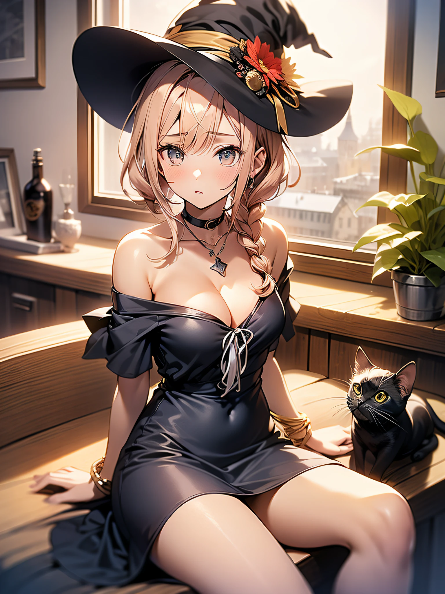 in 8K、top-quality、​masterpiece、ultra-detailliert、Ultra-high resolution、((1 persons))、girl with、Halloween、natta、Crescent、witch's hat、a blond、a short bob、Braided hair、Black Dress、cleavage of the breast、bare shoulders​、Clean thighs、makeups、eyeshadows、A bracelet、Pendants、Sit on a triangular roof、Black cat