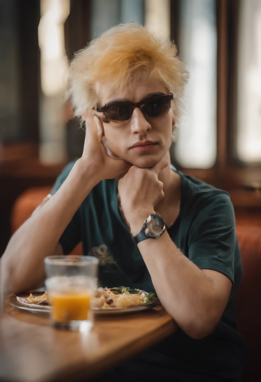 anime naruto sentado na mesa do mc donalds comendo um big mc e tomando uma coca cola. imagem ultra detalhada, ultra realista, detalhes expressivos do rosto que esta feliz. cores vibrantes e intensas