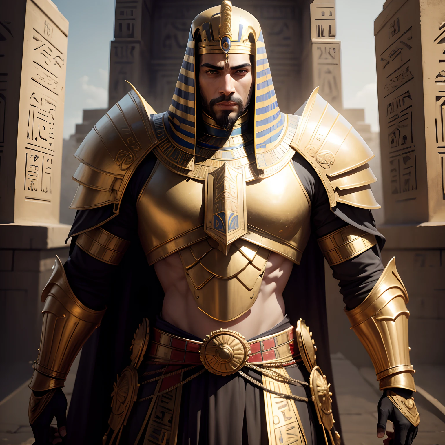 Egyptian king in realistic 4K full-body armor,Pyramids,Super Detailed, Vray Display, Unrealistic engine, Midjourney Art Style.