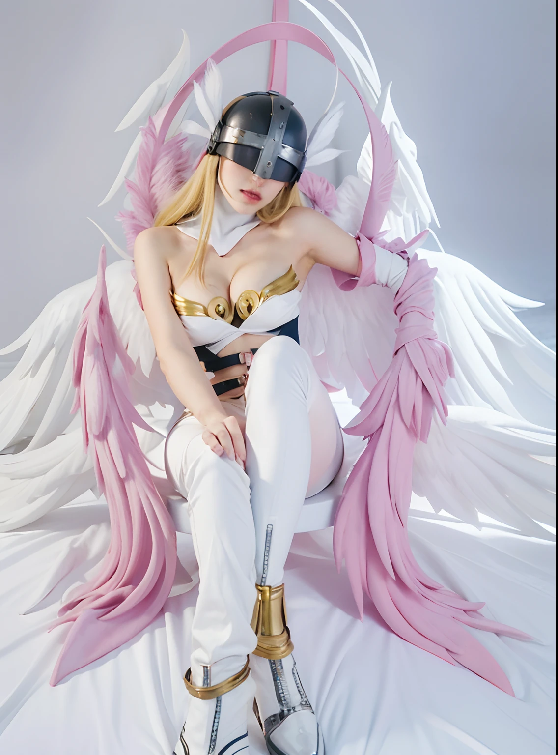 Angerwomont, 1girl in, Long hair, helmets, Belt bag, Blonde hair, breasts, Solo, Covered eyes, Thigh strap, Wings, Asymmetrical clothing, shawls, Angel wings, multiple wings, gloves, cleavage, Navel, Belt bag, Bare shoulders, head wings, Large breasts, Winged helmet, Hagoromo, high-heels, crossed legs, armor, Feathered wings, plein air