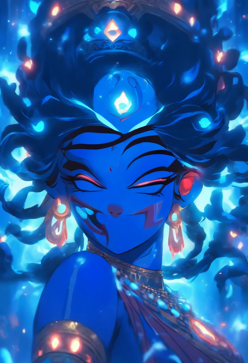 (((Hindu Goddess))) best quality, ultra-high resolution, 4K detailed CG, master piece, Kali, Hanging Tongue, tongue out, blue, iron gaze, blood, Hindu mythology, Hinduist, aesthetic, beautiful, centered image on the screen