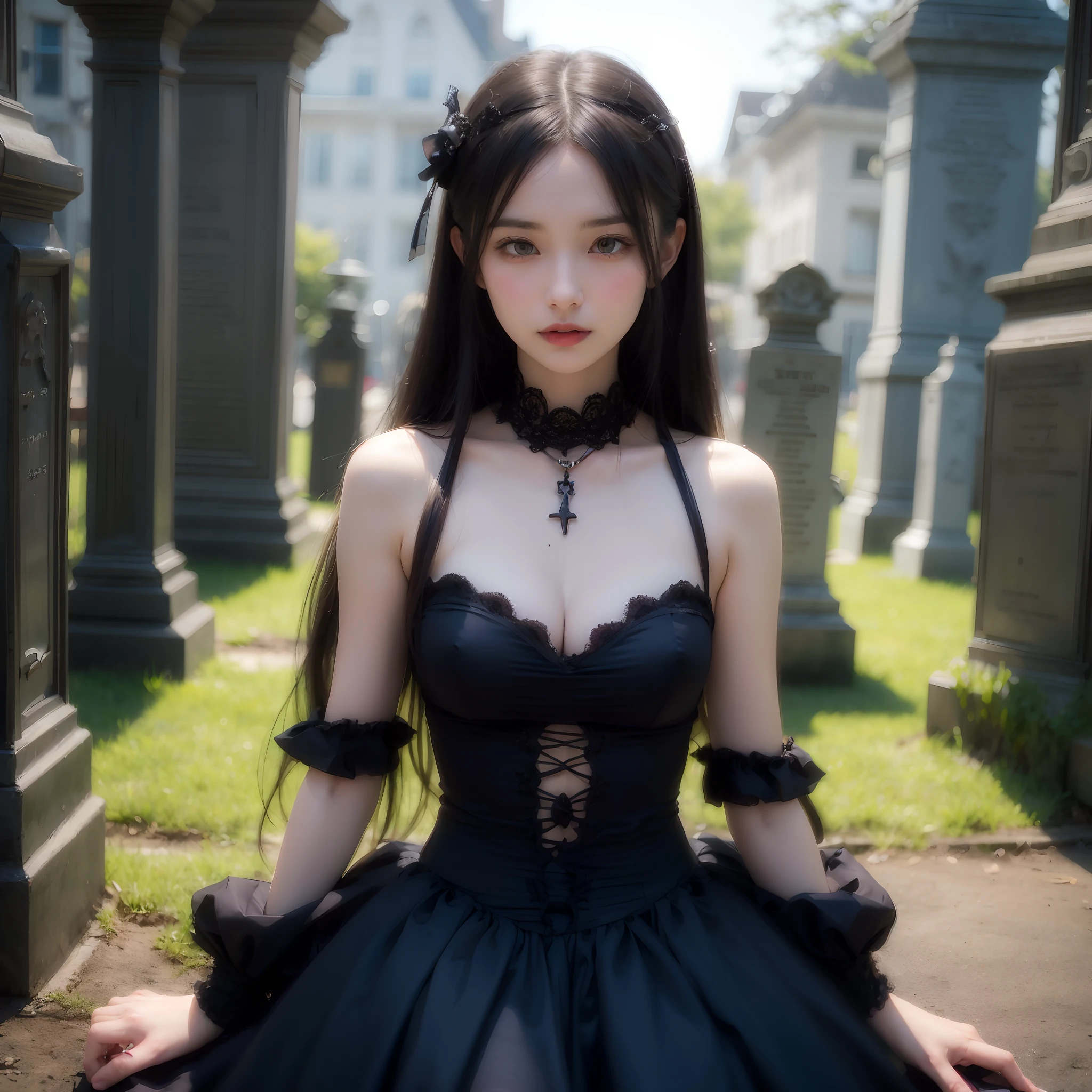 goth woman walking in cimetery