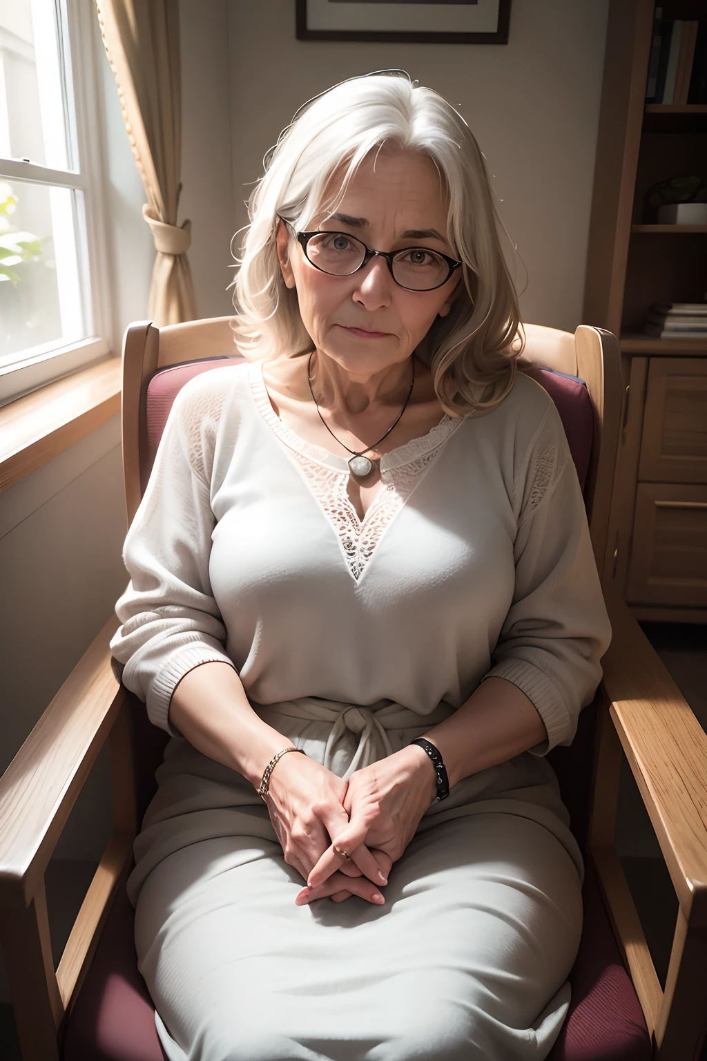 Portrait of a middle-aged woman sitting in a chair facing the camera