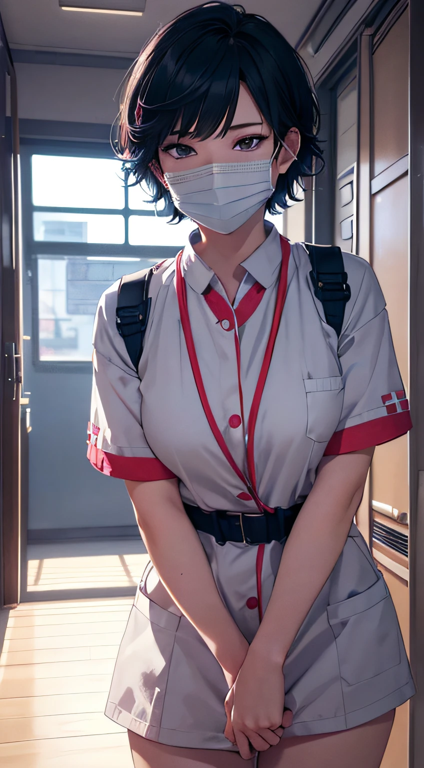  boy，short detailed hair，Wear a mask，nurse's outfit，full body pov，Dormitory background，A high resolution，Ultra detailed,Extremely detailed),(realistic artwork),(Extremely detailed Cg Unity 8K wallpaper),(((Vibrant colors,Vibrant theme))),(Intricate),(Masterpiece),(Best quality),