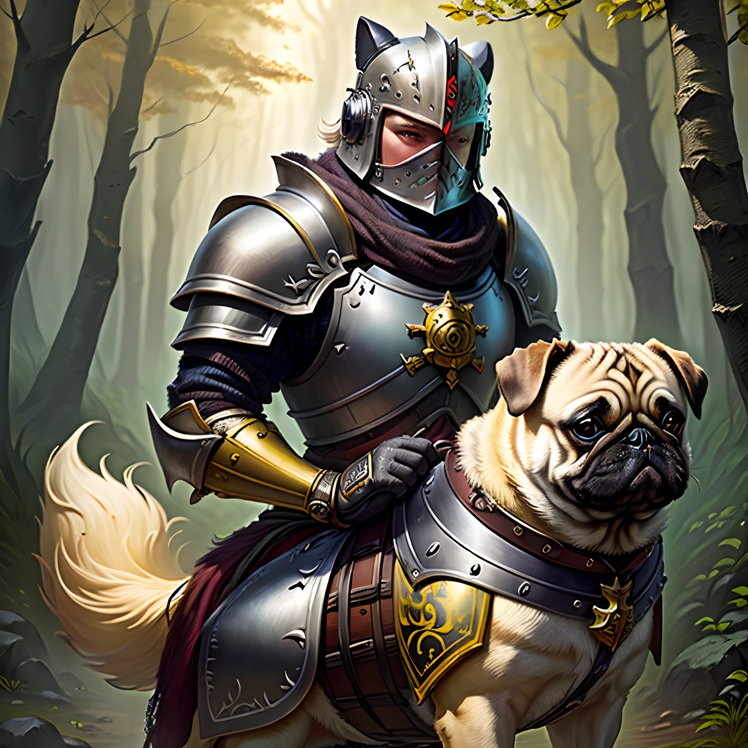 Yellow pug in iron armor dnd vibes with forest background