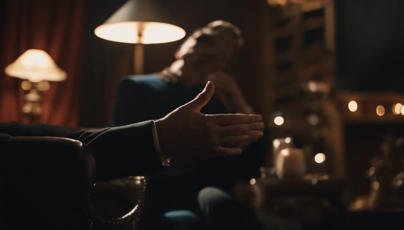 crie uma imagem de um Homem de terno sentado em uma poltrona,Your hands are making a gesture of power , realista