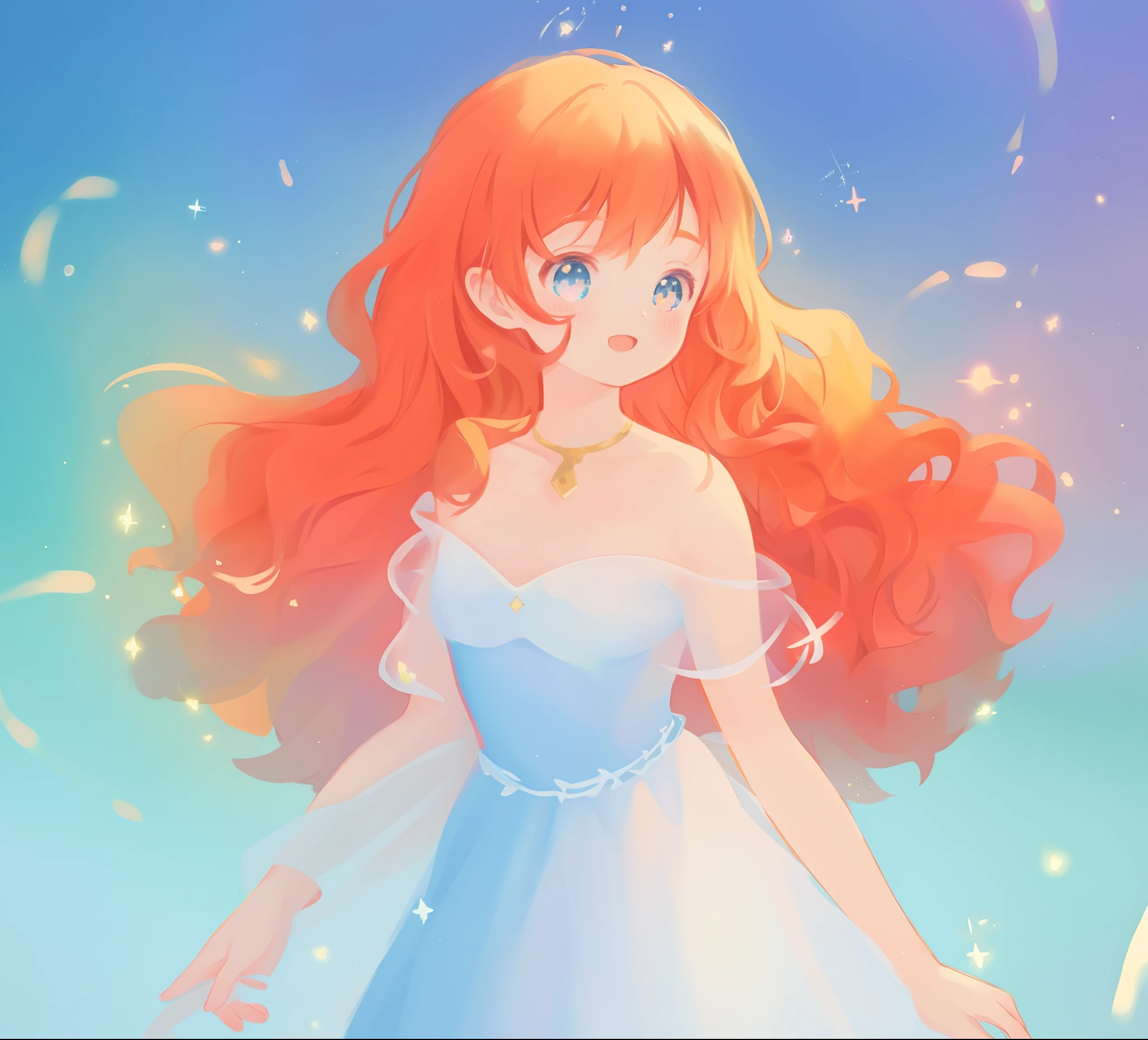 beautiful anime girl in white princess ballgown, vibrant pastel colors, (colorful), magical lights, red and gold long wavy curly hair, sparkling lines of light, inspired by Glen Keane, inspired by Lois van Baarle, disney art style, by Lois van Baarle, glowing aura around her, by Glen Keane, jen bartel, glowing lights! digital painting, flowing glowing hair, glowing flowing hair, beautiful digital illustration, fantasia background, whimsical, magical, fantasy, beautiful face, ((masterpiece, best quality)), intricate details, highly detailed, sharp focus, 8k resolution, sparkling detailed eyes, liquid watercolor