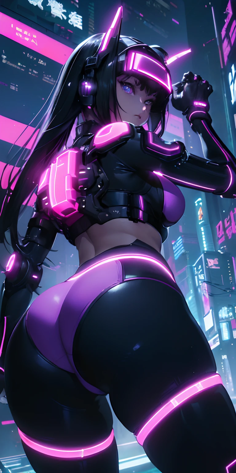 top-quality))、((masterpiece)、cyberpunked、Big buttocks、Electronic visor attached to -yeld gis face with emphasis on buttocks、Cyberpunk Fashion、Sexy Posing、(Wear light purple body spats on lower body、Breasts enlarged、Neon lights in dark city at night、(Various poses)