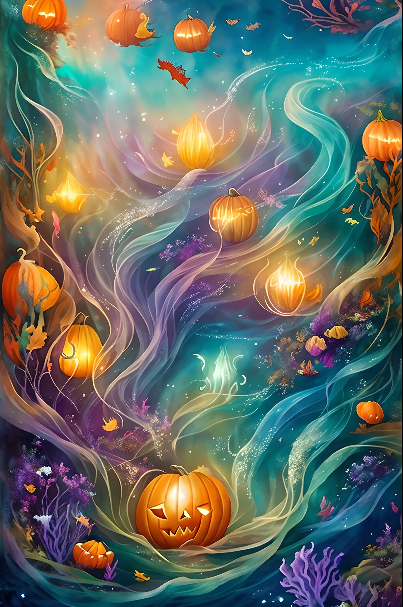 [1] = High quality artistic image for printing on t-shirts, with a beautiful Halloween theme
[2] = An enchanting underwater world with mermaids in elegant Halloween costumes, their flowing hair and shimmering tails swirling around them. They are surrounded by bioluminescent sea creatures in a mesmerizing dance beneath a giant pumpkin, which glows softly in the dark depths.
[3] = The aquatic environment is otherworldly, with corals resembling twisted trees and anemones resembling eerie ghostly apparitions. The pumpkin serves as both a source of light and a centerpiece for this ethereal Halloween celebration.
[4] = The mood is one of aquatic enchantment, combining the mysterious allure of the deep sea with the magical aura of Halloween.
[5] = Watercolor painting
[6] = Painted on textured watercolor paper, the image combines delicate washes and intricate details to create a dreamlike underwater scene. The use of subtle gradients and translucent layers enhances the ethereal quality.
[7] = Flat, uninspired digital drawing, lack of underwater ambiance, poorly defined mermaids, no bioluminescence, lack of detail, unnatural colors, disjointed composition.