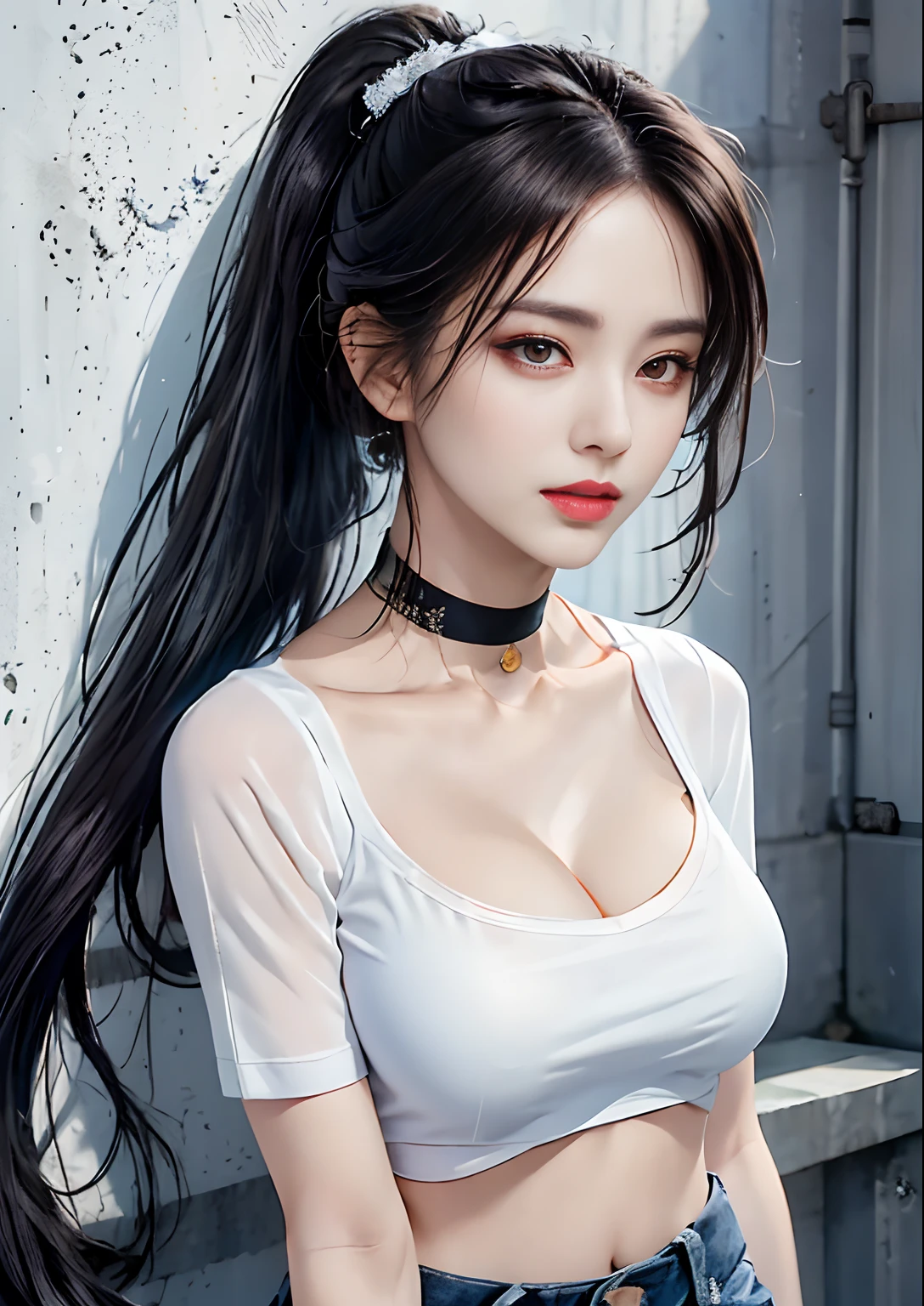 (masterpiece, best quality, 1girl, solo, intricate details, chromatic aberration), (realistic),(skin),1girl shizuku high ponytail, ((medium breath)),(black hair,blunt bangs),detailed hair, red head ornament, blue highlights, hair over one eye,red eyes, sharp eyes, choker,((black crop top cleavage cutout )),jeans,(symmetry eyes),(perfect symmetrical body), night,(((natural light))),backlighting,against grey  wall, dim lighting ,standing,(look at viewer),((centered shot, from front,(face and waist))),