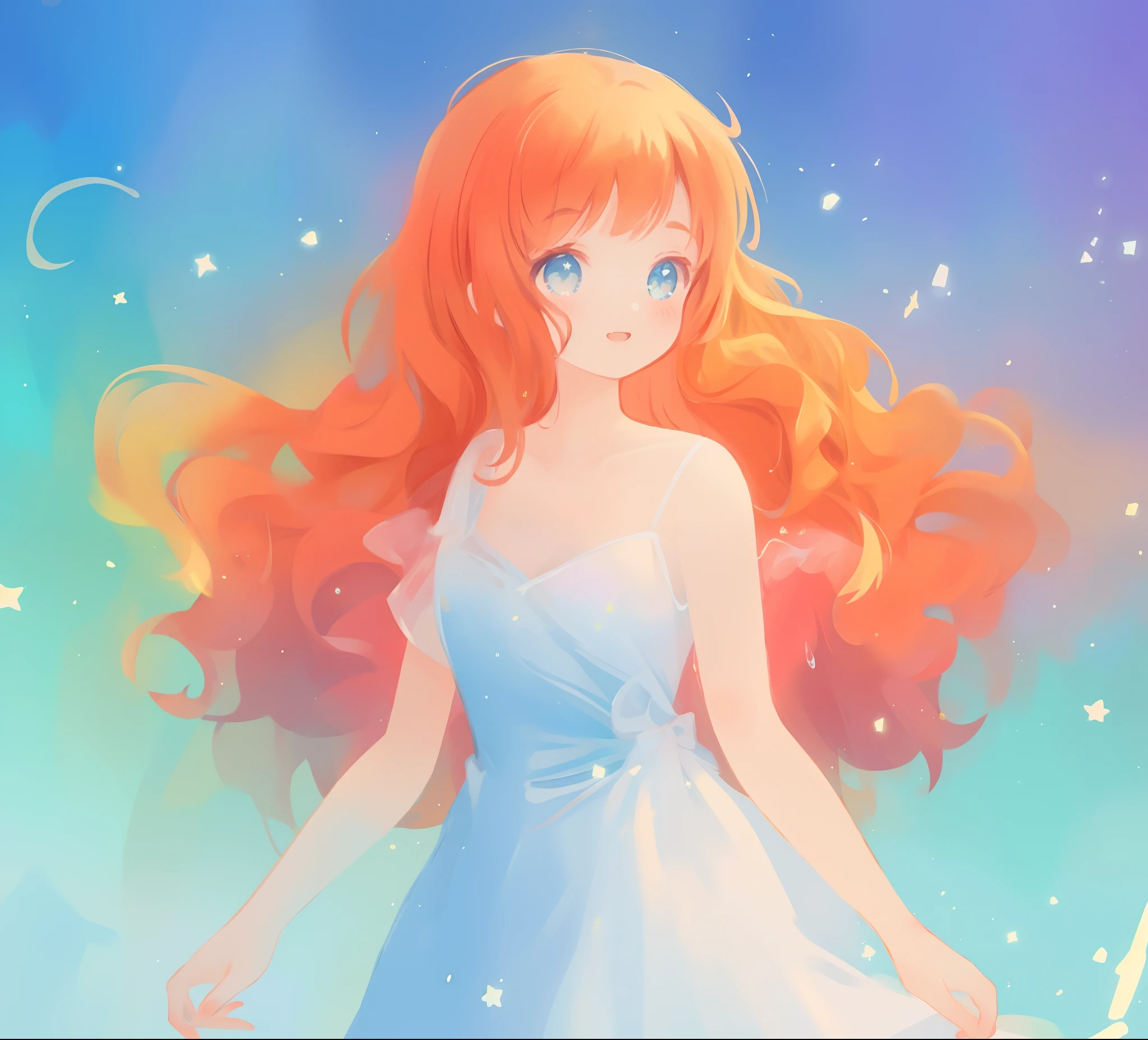 beautiful anime girl in white princess ballgown, vibrant pastel colors, (colorful), magical lights, red and gold long wavy curly hair, sparkling lines of light, inspired by Glen Keane, inspired by Lois van Baarle, disney art style, by Lois van Baarle, glowing aura around her, by Glen Keane, jen bartel, glowing lights! digital painting, flowing glowing hair, glowing flowing hair, beautiful digital illustration, fantasia background, whimsical, magical, fantasy, beautiful face, ((masterpiece, best quality)), intricate details, highly detailed, sharp focus, 8k resolution, sparkling detailed eyes, liquid watercolor