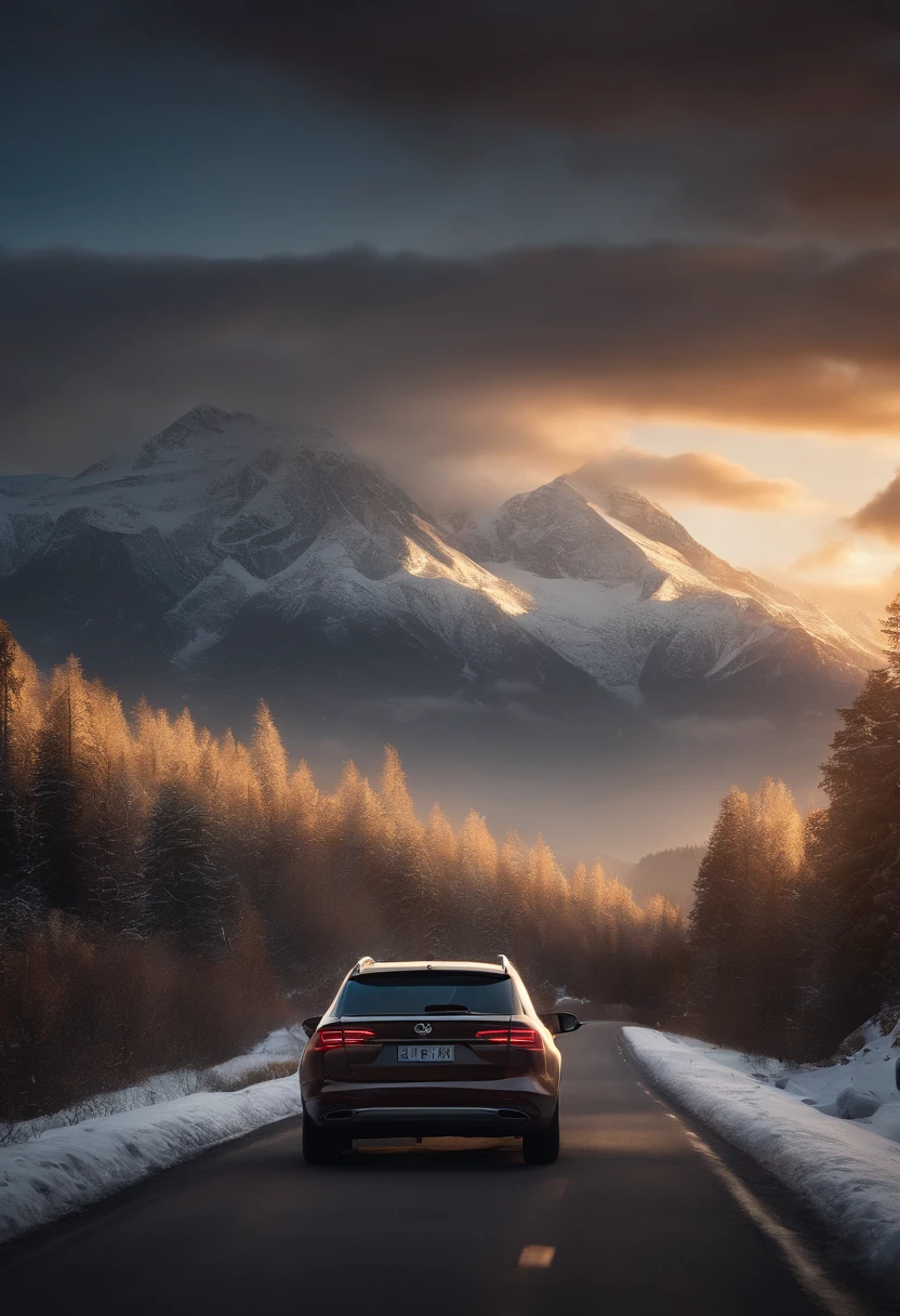 A car approached, Sunset and snow-capped mountains in the distance, Light up cars and roads, Snow, Intricate details, Realistic, Ultra-realistic, Masterpieces, Best quality, offcial art, The light from the back window is backlighted, White clouds, The light from the back window is backlighted, Extremely detailed CG unified 8K wallpaper, and forests.