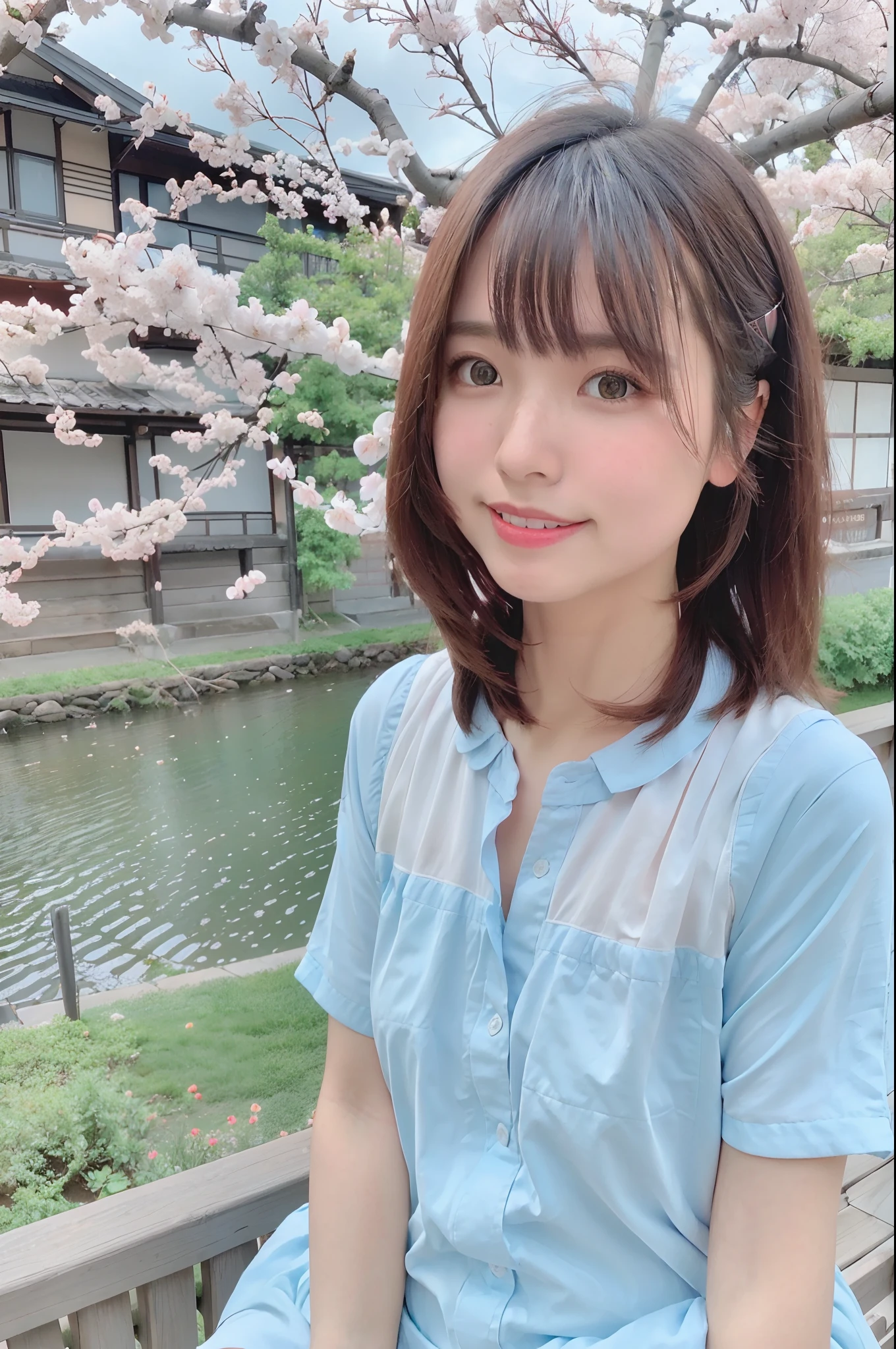 best quality, ultra high res, (photorealistic:1.4),blush,cute,(detailed face),light smile,
looking at viewer,
upper body, japanese clothes,
sunny,river,(cherry blossoms),blue sky,