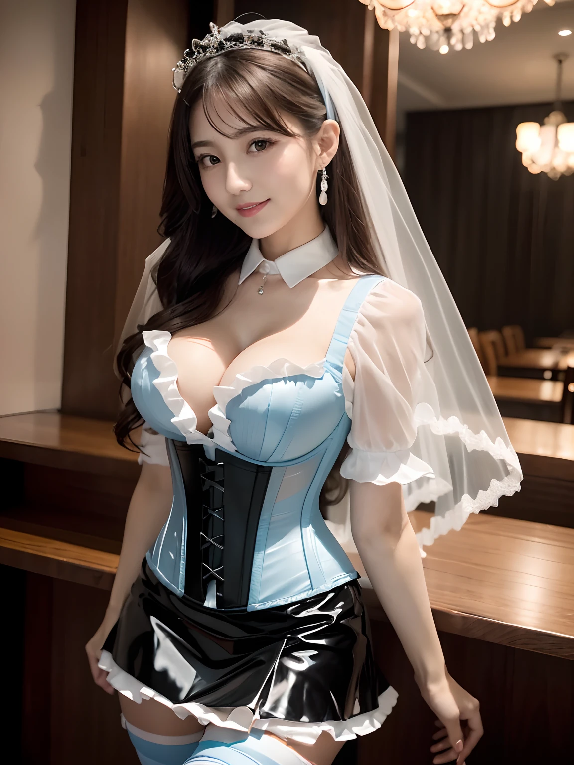 (4 k、top-quality)、(realisitic、Photorealsitic)、(Yakian)、
1girl in、独奏、fullllbody、(Facing backwards)、
perfect hand、up looking_で_the viewer、
whiteshirt、
Inside the café、natta、finerly detailed face、Slightly chubby、The best smile、Light brown long curled hair,(huge-breasted, cleavage:1.2), (Light blue and black theme:1.3), ((Gothic lolita, Black Wedding Dresses):1.2), (Black See-Through Wedding Veil:1.4), ((Black Latex Corset, Light blue breasted cup):1.4), (shortsleeves:1.3), ((White collar, Taibo):1.3), ((frills skirt, Multi-layer skirt):1.4), ((Stockings, Garter Belt):1.3), (Long gloves:1.2), (Blue rose decoration on the head:1.3) (Cameltoe),35 year old、Nogizaka Idol、actress、Korean Idol、hposing Gravure Idol,place one's arms behind one's back,raise both arm,(Aside)