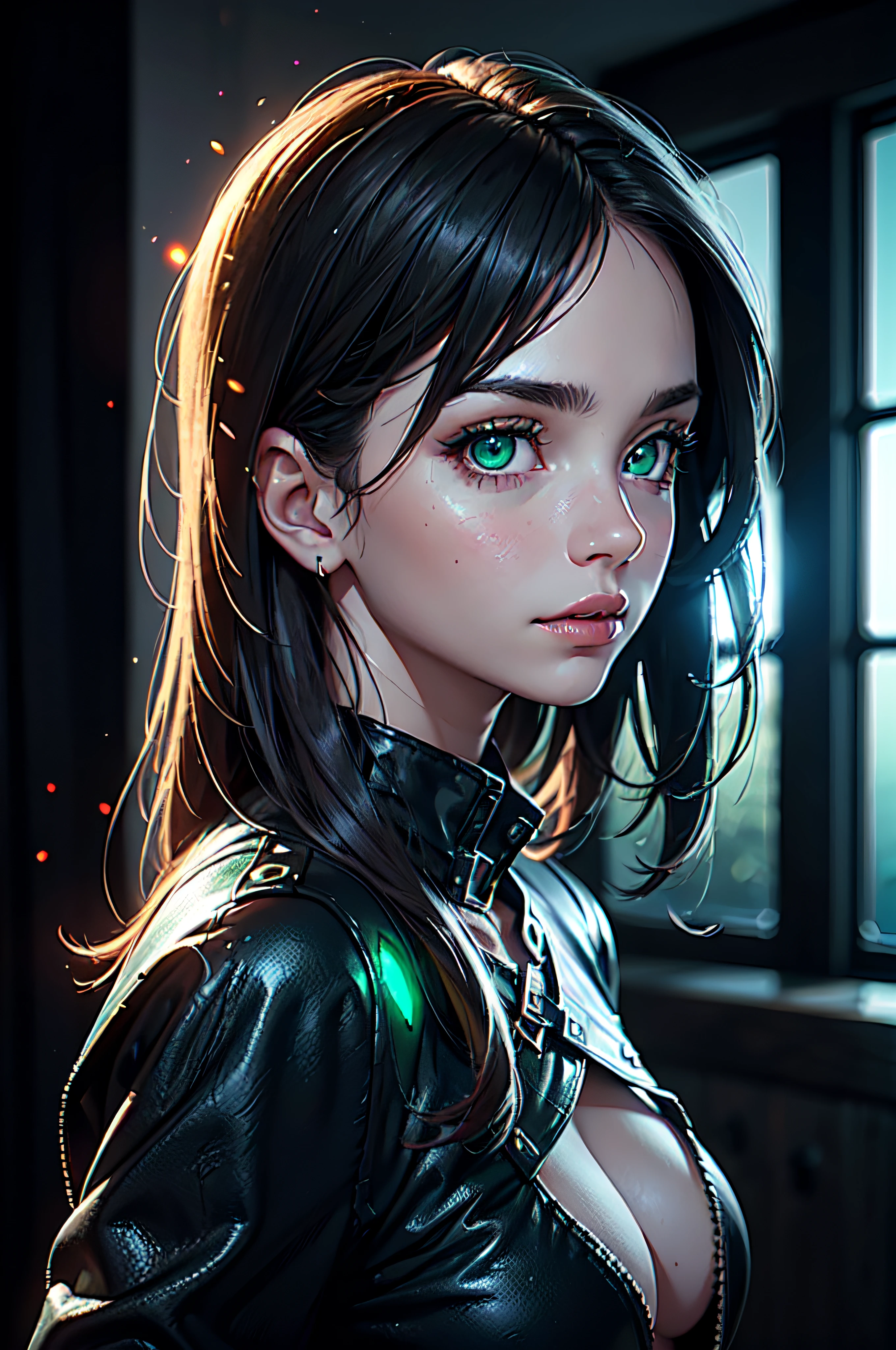 ((Close-up portrait of a girl with green eyes)), with glowing purple eye light, Violet luminous rays, dark fantasy portrait, Portrait in profile, (Cheeky face). Dark Fantasy, realistic 4k digital art, realistic 4k digital art, dark fantasy portrait, Dark Fantasy Digital Art, (Dark), But detailed digital art, sexy girl with green eyes, ((Gloomy color scheme:1,5)), 4k detailed digital art, Green glowing eyes, (NSFW), (A very dark room, little light, Low visibility)).
