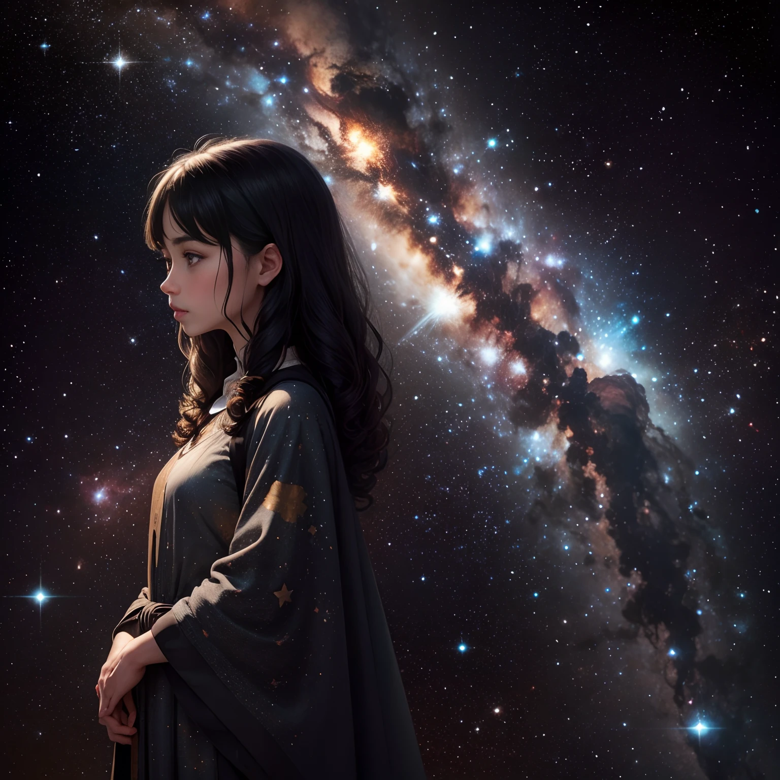 A girl stands on the edge of a majestic space station, overlooking the curvature of the Earth below, as the dazzling stars of the Milky Way paint the backdrop of her awe-inspiring panoramic view, blending the cosmic grandeur with her human presence.