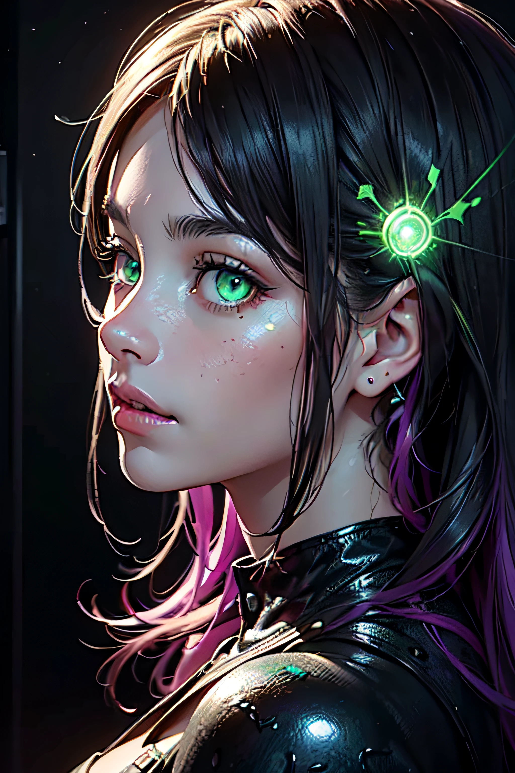 ((Close-up portrait of a girl with green eyes)), with glowing purple eye light, Violet luminous rays, dark fantasy portrait, Portrait in profile, (Cheeky face). Dark Fantasy, realistic 4k digital art, realistic 4k digital art, dark fantasy portrait, Dark Fantasy Digital Art, (Dark), But detailed digital art, sexy girl with green eyes, ((Gloomy color scheme:1,5)), 4k detailed digital art, Green glowing eyes, (NSFW), Very dark room, little light, low visibility.