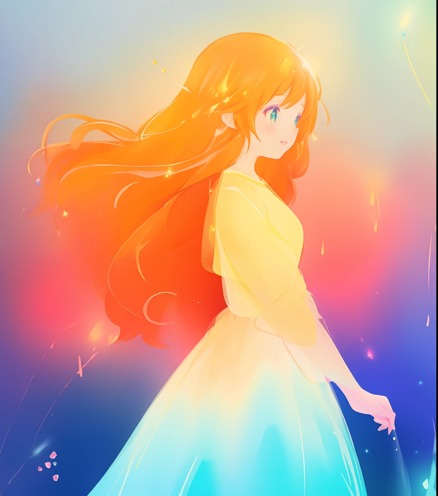 beautiful anime girl in colorful ballgown, vibrant pastel colors, (colorful), magical lights, sparkling liquid light, inspired by Glen Keane, inspired by Lois van Baarle, disney art style, by Lois van Baarle, glowing aura around her, by Glen Keane, jen bartel, glowing lights! digital painting, flowing glowing hair, glowing flowing hair, beautiful digital illustration, fantasia background, whimsical, magical, fantasy, beautiful face, ((masterpiece, best quality)), intricate details, highly detailed, sharp focus, 8k resolution, sparkling detailed eyes, liquid watercolor