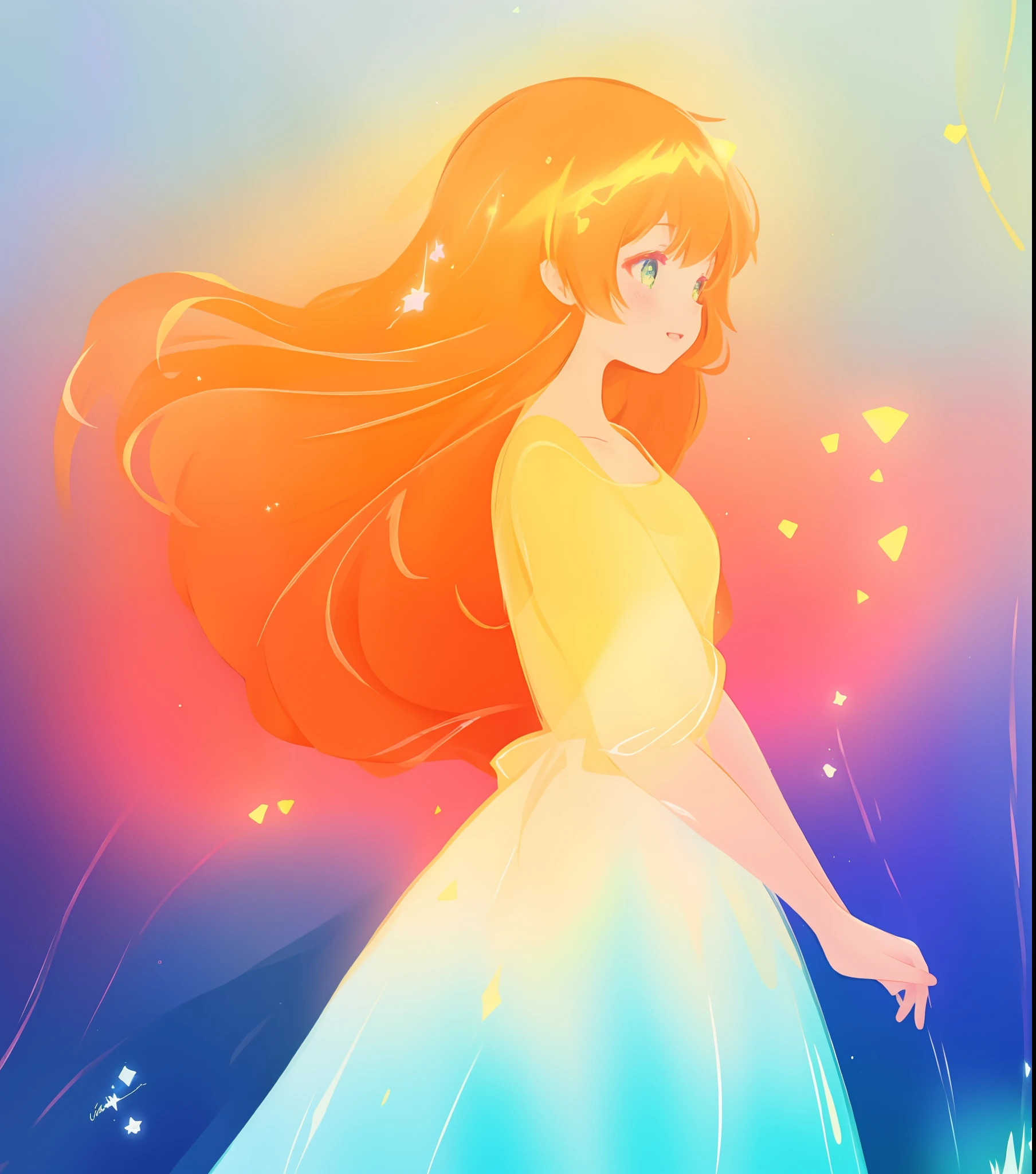 beautiful anime girl in colorful ballgown, vibrant pastel colors, (colorful), magical lights, sparkling liquid light, inspired by Glen Keane, inspired by Lois van Baarle, disney art style, by Lois van Baarle, glowing aura around her, by Glen Keane, jen bartel, glowing lights! digital painting, flowing glowing hair, glowing flowing hair, beautiful digital illustration, fantasia background, whimsical, magical, fantasy, beautiful face, ((masterpiece, best quality)), intricate details, highly detailed, sharp focus, 8k resolution, sparkling detailed eyes, liquid watercolor