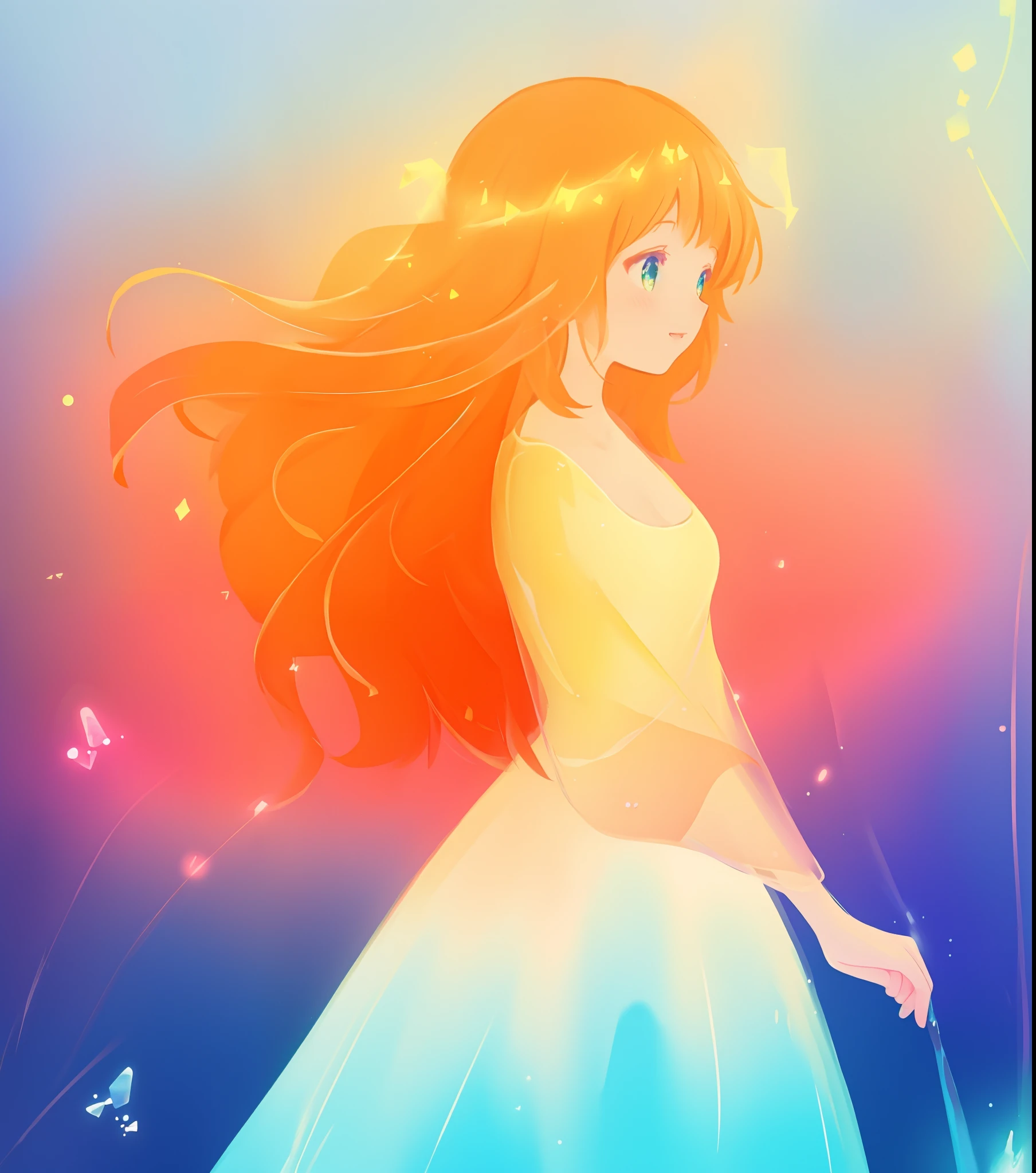 beautiful anime girl in colorful ballgown, vibrant pastel colors, (colorful), magical lights, sparkling liquid light, inspired by Glen Keane, inspired by Lois van Baarle, disney art style, by Lois van Baarle, glowing aura around her, by Glen Keane, jen bartel, glowing lights! digital painting, flowing glowing hair, glowing flowing hair, beautiful digital illustration, fantasia background, whimsical, magical, fantasy, beautiful face, ((masterpiece, best quality)), intricate details, highly detailed, sharp focus, 8k resolution, sparkling detailed eyes, liquid watercolor