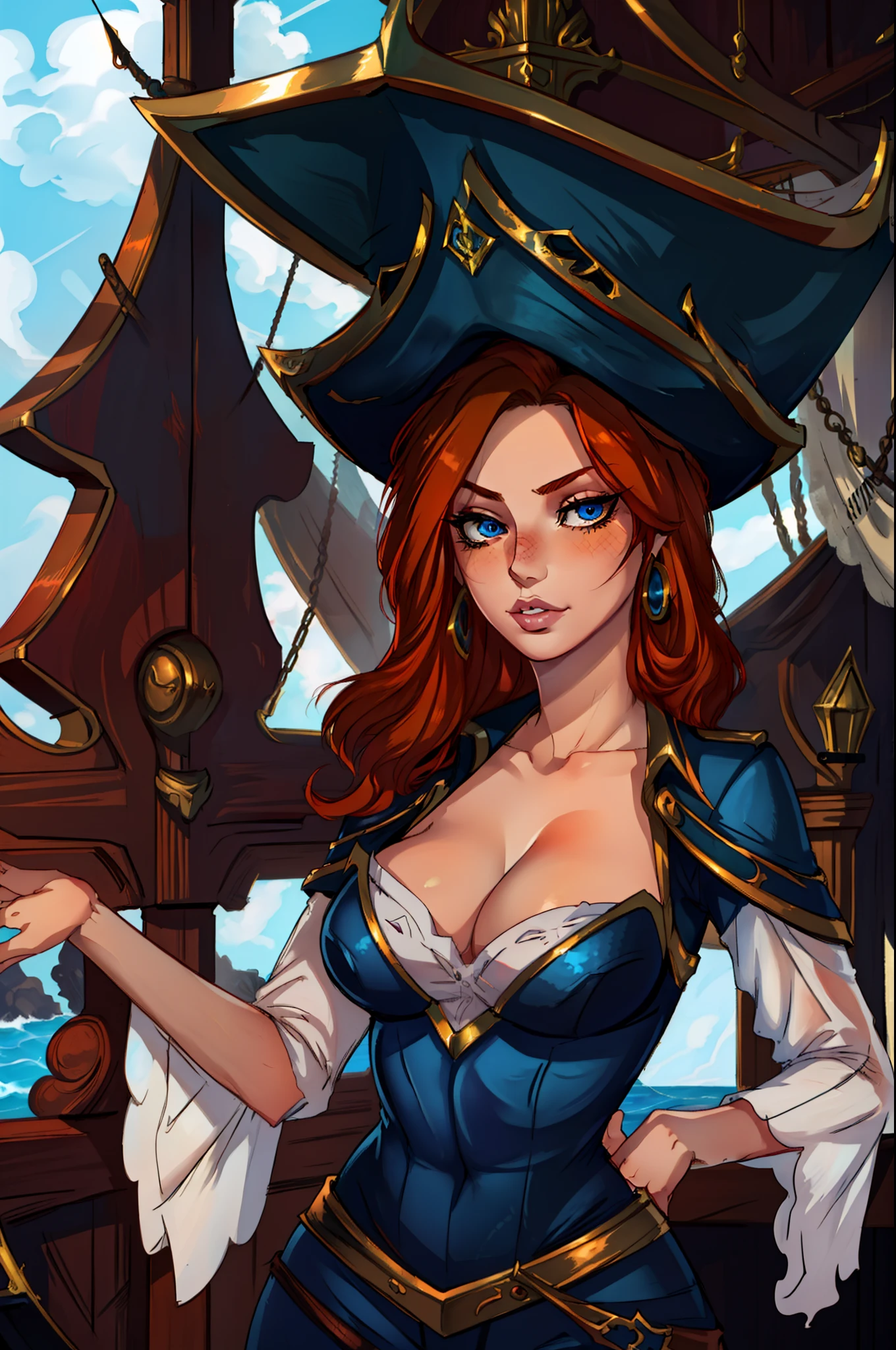 (masterpiece, best quality)1.5, 1girl, solo, (sexy, beautiful woman, perfect face, perfect eyes)1.5, (sarah fortune, miss fortune), (standing inside the captain's room of a pirate ship)1.5, (orange hair, blue eyes), face portrait, clothed