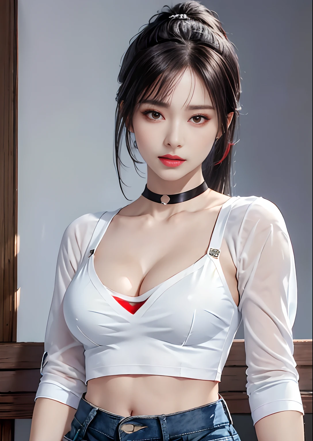 (masterpiece, best quality, 1girl, solo, intricate details, chromatic aberration), (realistic),(skin),1girl shizuku high ponytail, ((medium breath)),(black hair,blunt bangs),detailed hair, red head ornament, blue highlights, hair over one eye,red eyes, sharp eyes, choker,((black crop top cleavage cutout )),jeans,(symmetry eyes),(perfect symmetrical body), night,(((natural light))),backlighting,against grey wall, dim lighting ,standing,(look at viewer),((centered shot, from front,(face and waist))),