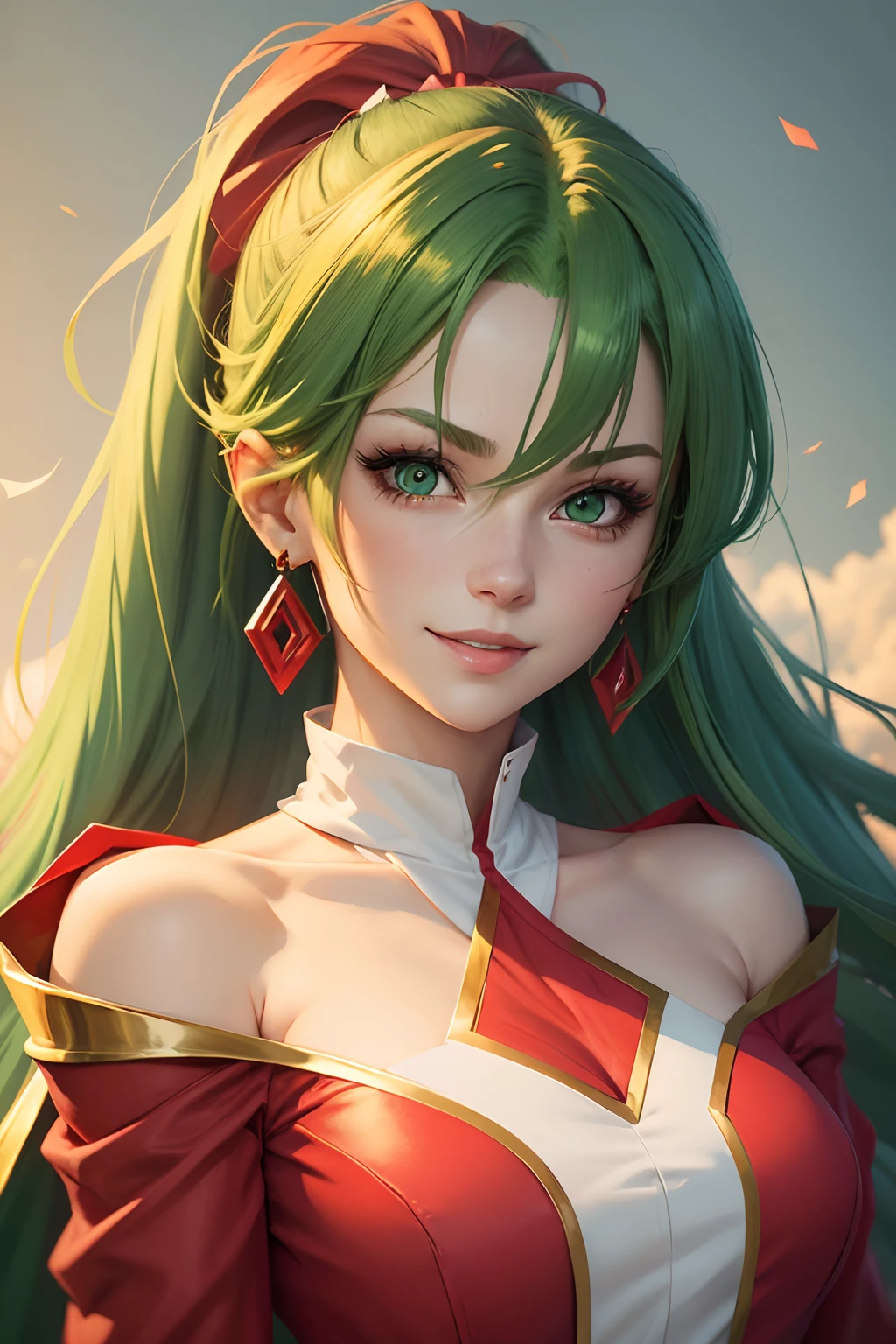 anime style, face portrait, female character, (((red clothes))), (((green hair))), side ponytail, golden triangular earrings, blue eyes, beautiful smile, white cape covering the bust, boots long white, detailed, 8k, high quality, emotional effects, anime style, face portrait