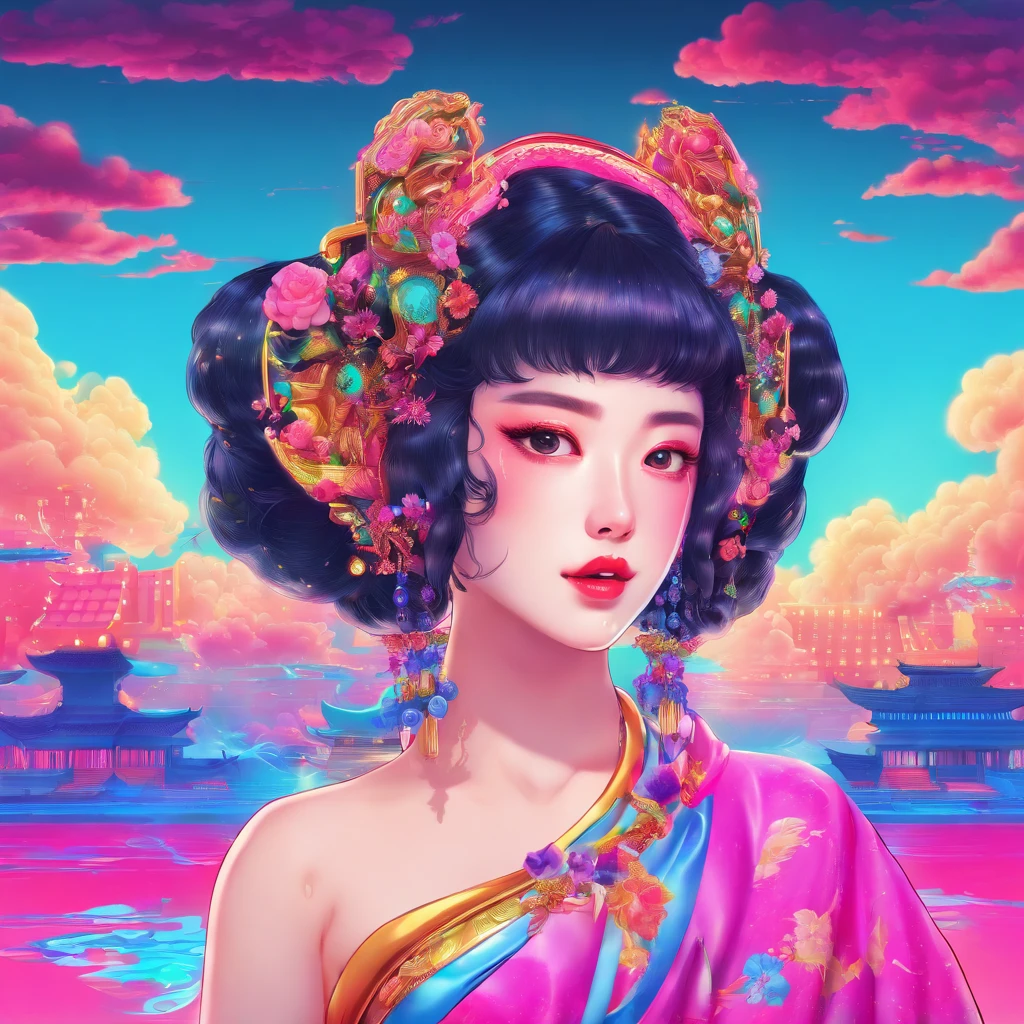 Best Quality, Masterpiece, High Resolution, 1girl, Hanfu, Tang Dynasty Costume, Small, Flat Chest, Collarbone, Off-the-Shoulder Exquisite Face, Realistic, Real People, (High Detail Skin: 1.4), SLR, Soft Light, High Quality, Photo, High Resolution, Background Bokeh, Vintage Street