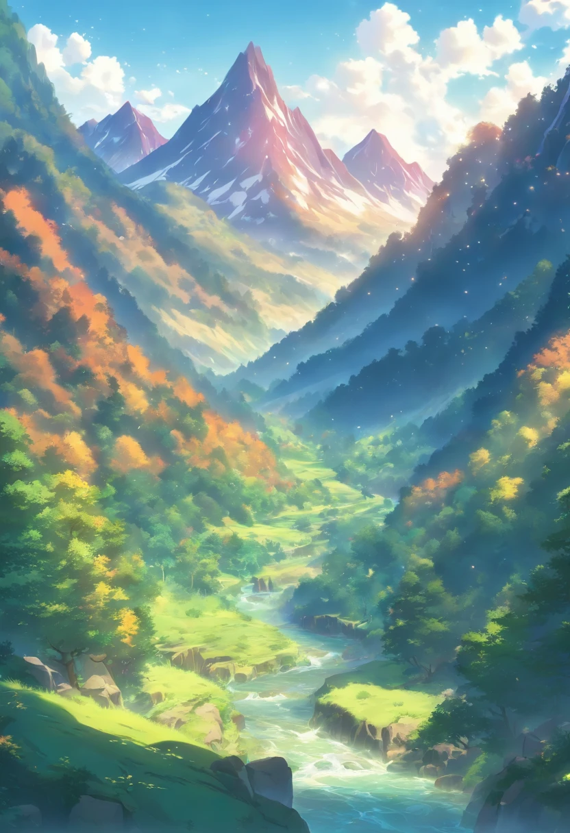 (((Valleys and mountains))) best quality, very high resolution, 4K detailed CG, master piece,Valleys,Mountains, Forest, River, stream, aesthetics, Beautiful image, centered on the screen