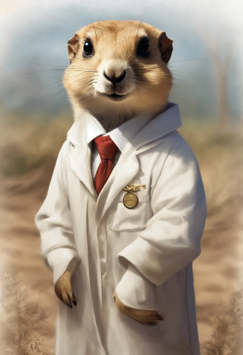 Prairie dog in lab coat stands in dental office，prairie dog，looking in camera，White lab coat，Vista distante，Animais，illustratio com rosto bem proximo e com textura  bem detalhado em 8k