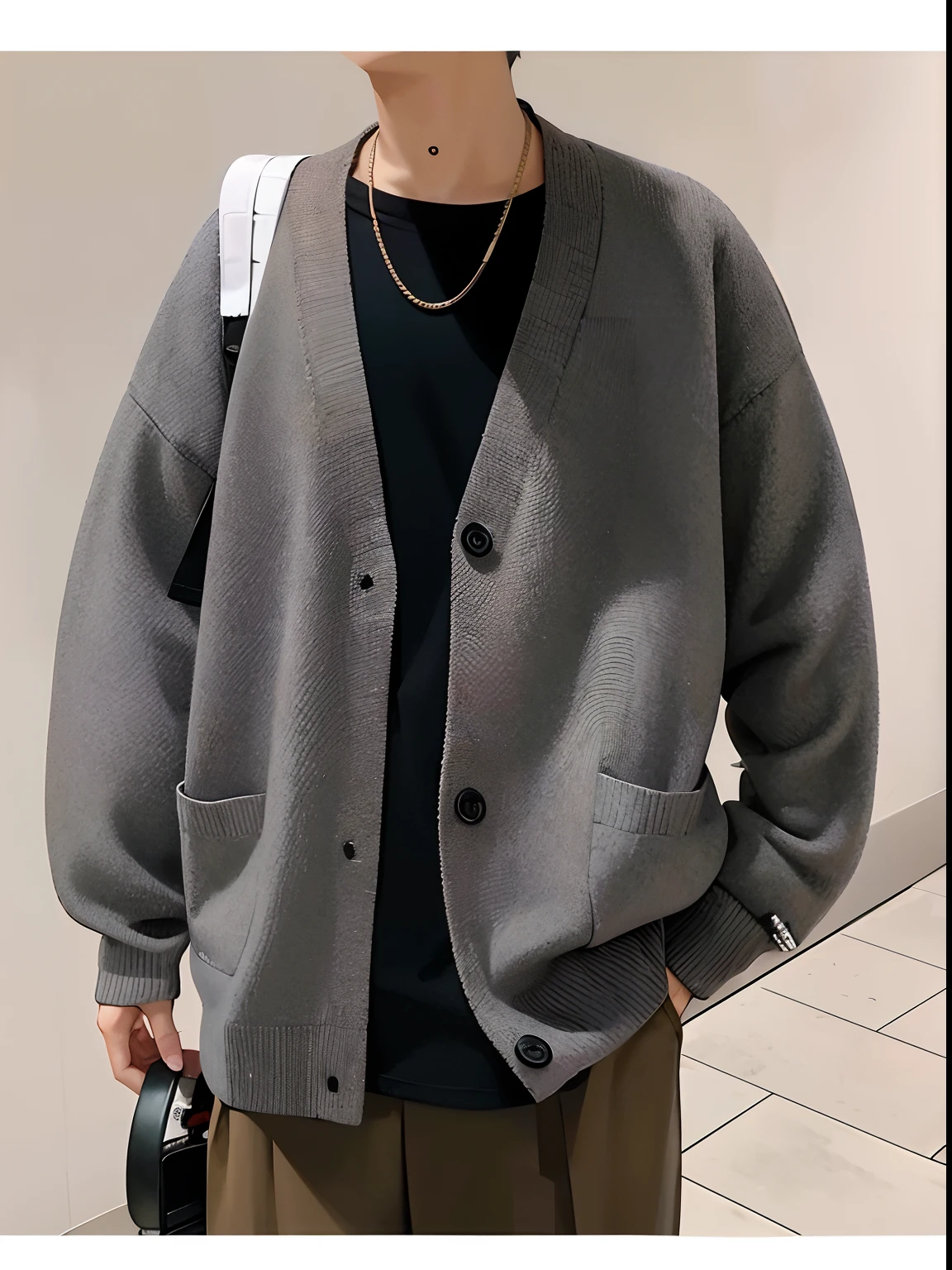 Arafeld man in gray cardigan and black shirt, Cardigan, wearing a cardigan, Oversized, Gray color, with two front pockets, sakimichan, wearing a fisher 🧥, solid grey, wearing in cardigan, Young man, 2 0 2 0 fashion, high detal), gray men, Kim Do-young, personal profile picture, Casual clothes, inspo