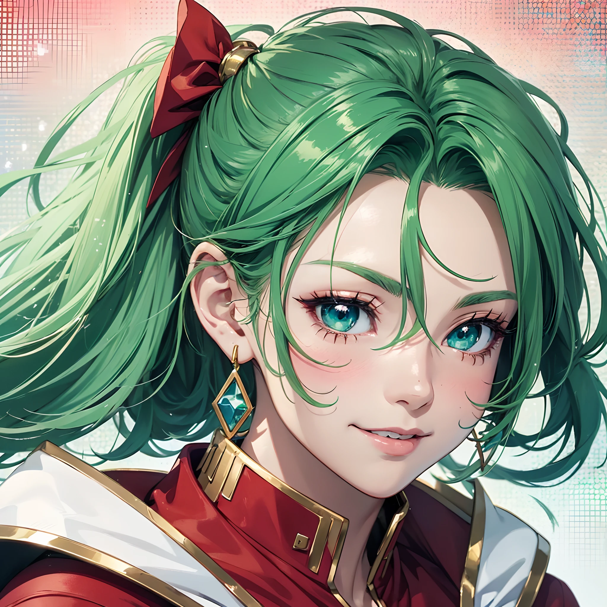 anime style, face portrait, female character, (((red clothes))), (((green hair))), side ponytail, golden triangular earrings, blue eyes, beautiful smile, white cape covering the bust, boots long white, detailed, 8k, high quality, emotional effects, anime style, face portrait --auto --s2